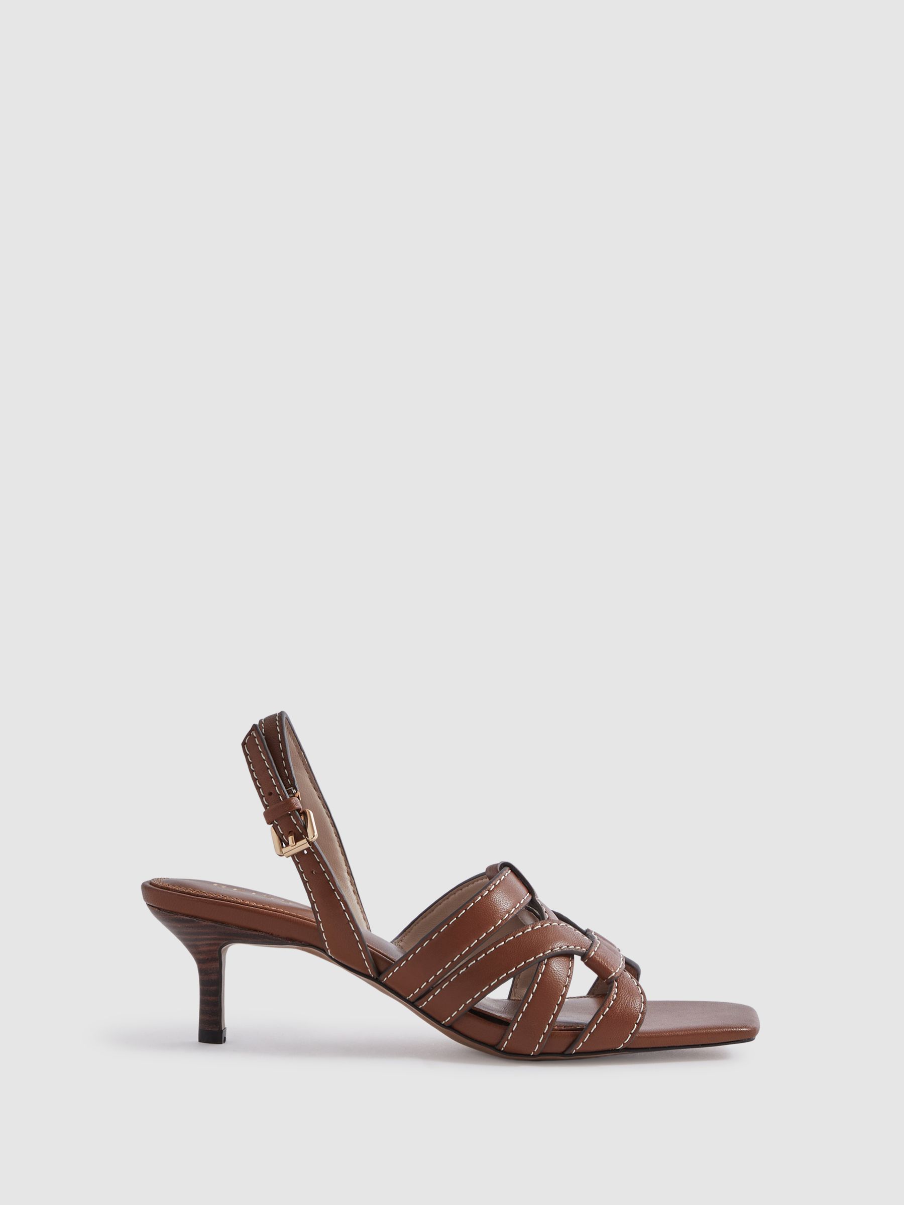 Leather Strappy Kitten Heels in Tan - Image 1 of 5