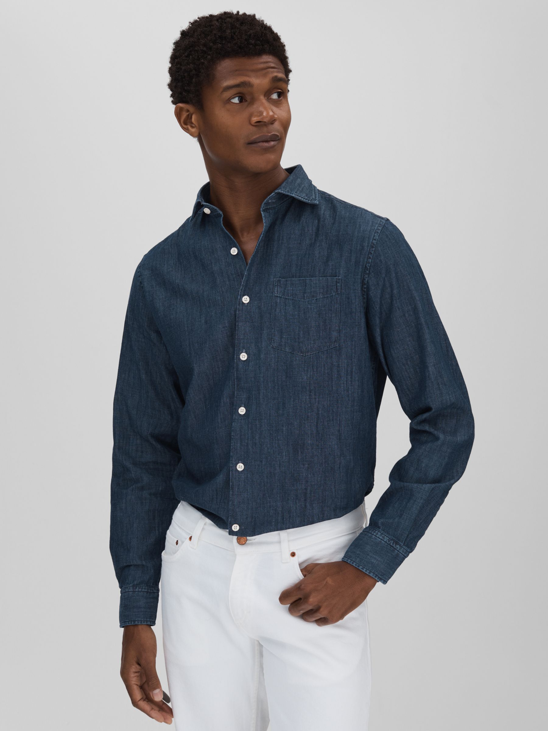 Oscar Jacobson Denim Cutaway Collar Shirt in Dark Indigo - Image 1 of 5