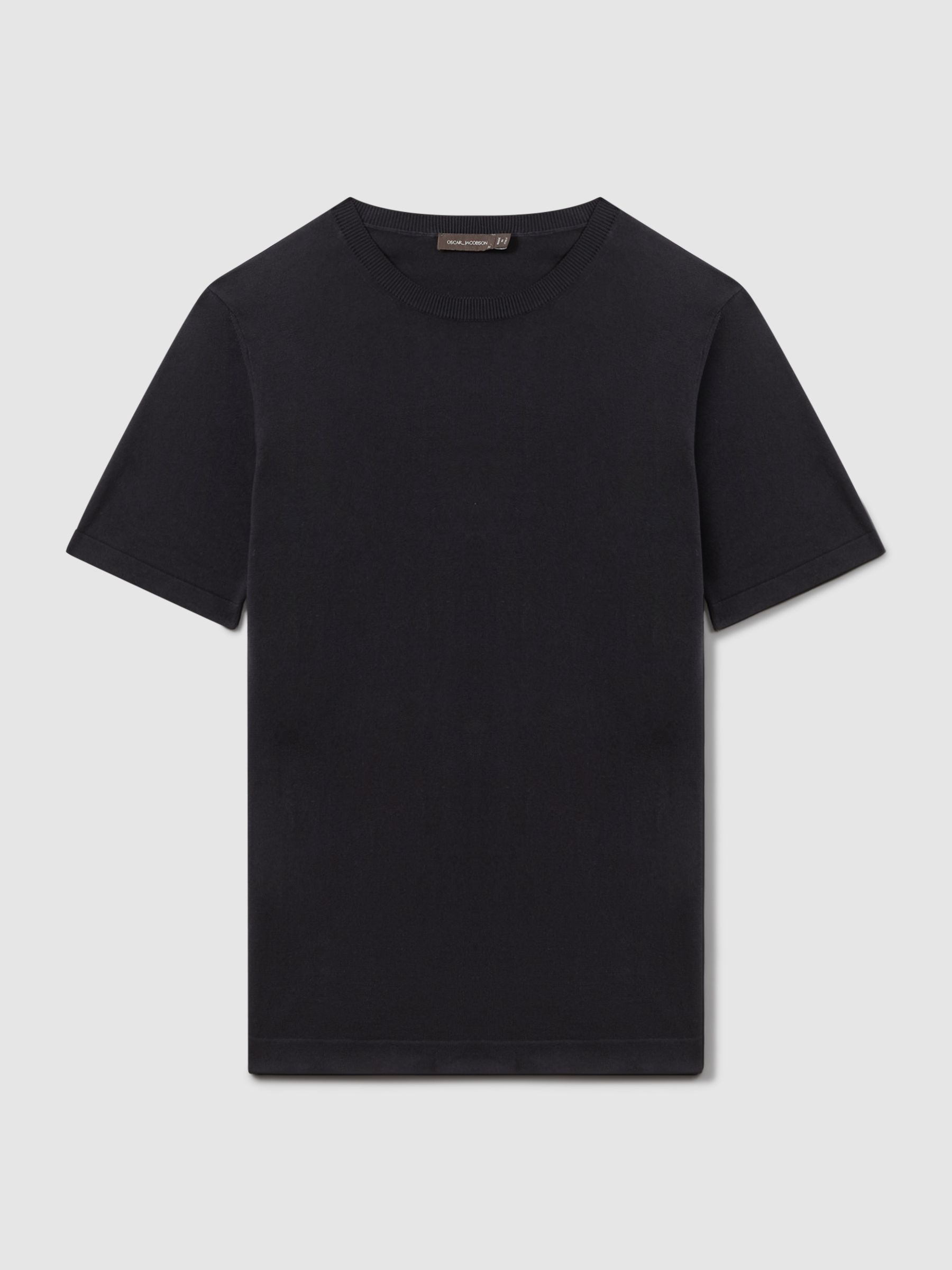 Oscar Jacobson Knitted Cotton Crew Neck T-Shirt in Navy - Image 1 of 6