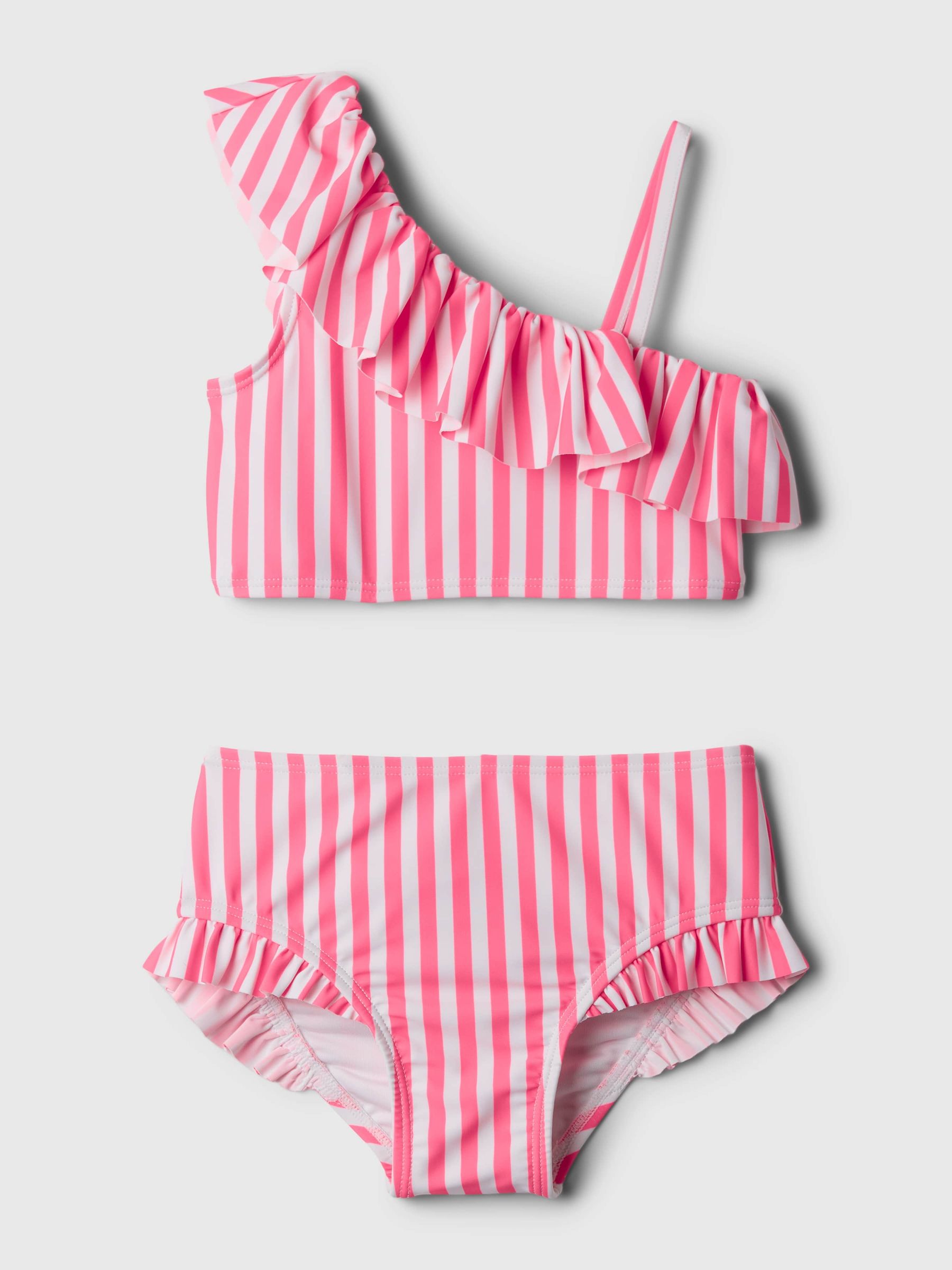 Pink Stripe Asymmetric Ruffle Baby Bikini (6mths-5yrs) - Image 1 of 4