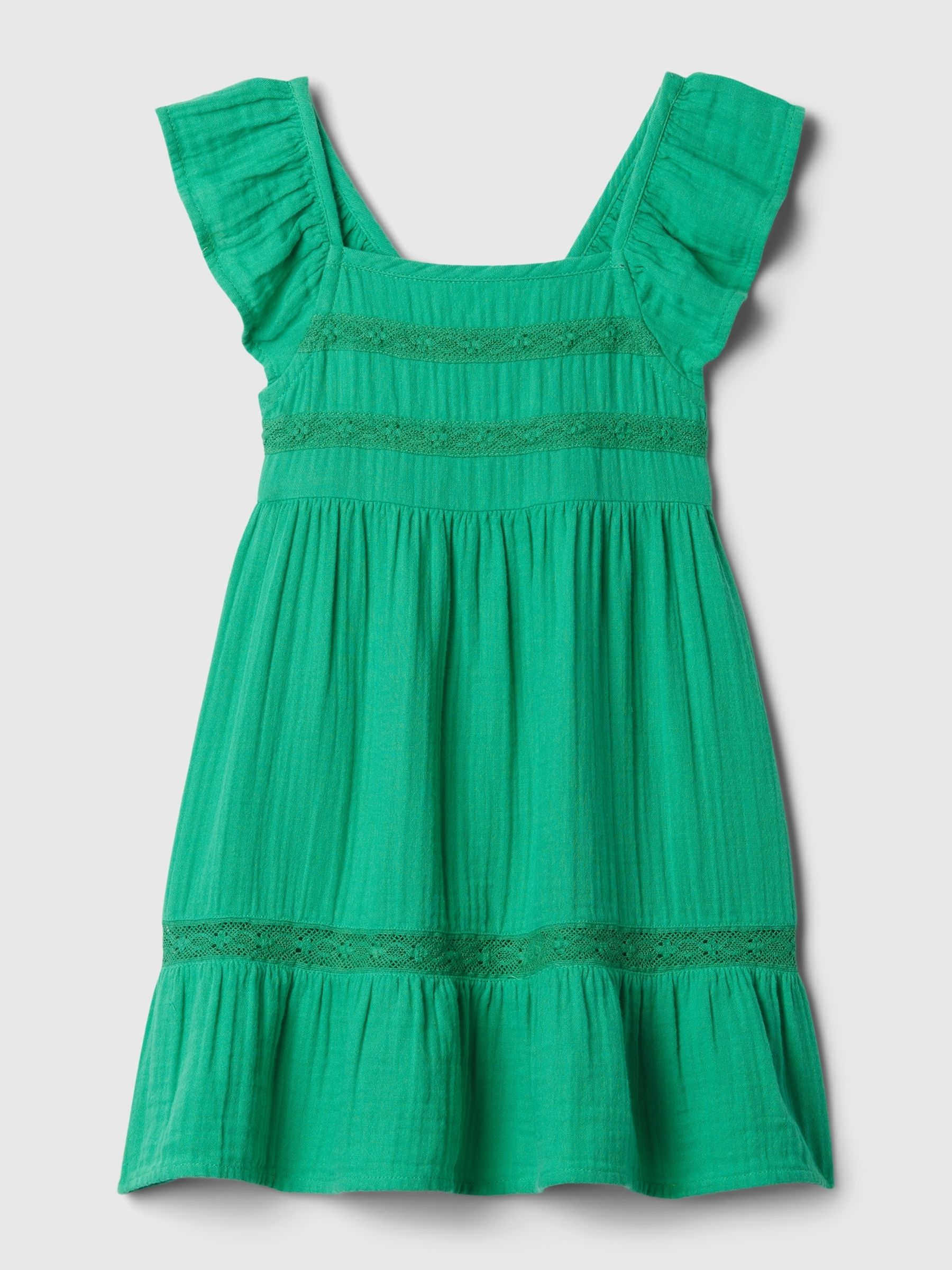 Green Crinkle Cotton and Lace Tiered Dress (3mths-7yrs) - Image 1 of 2