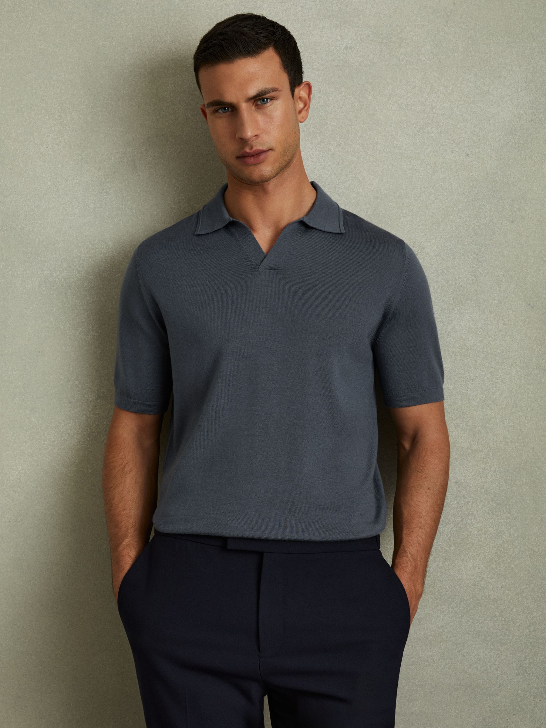 Merino Wool Open Collar Polo Shirt in Steel Blue - Image 1 of 5