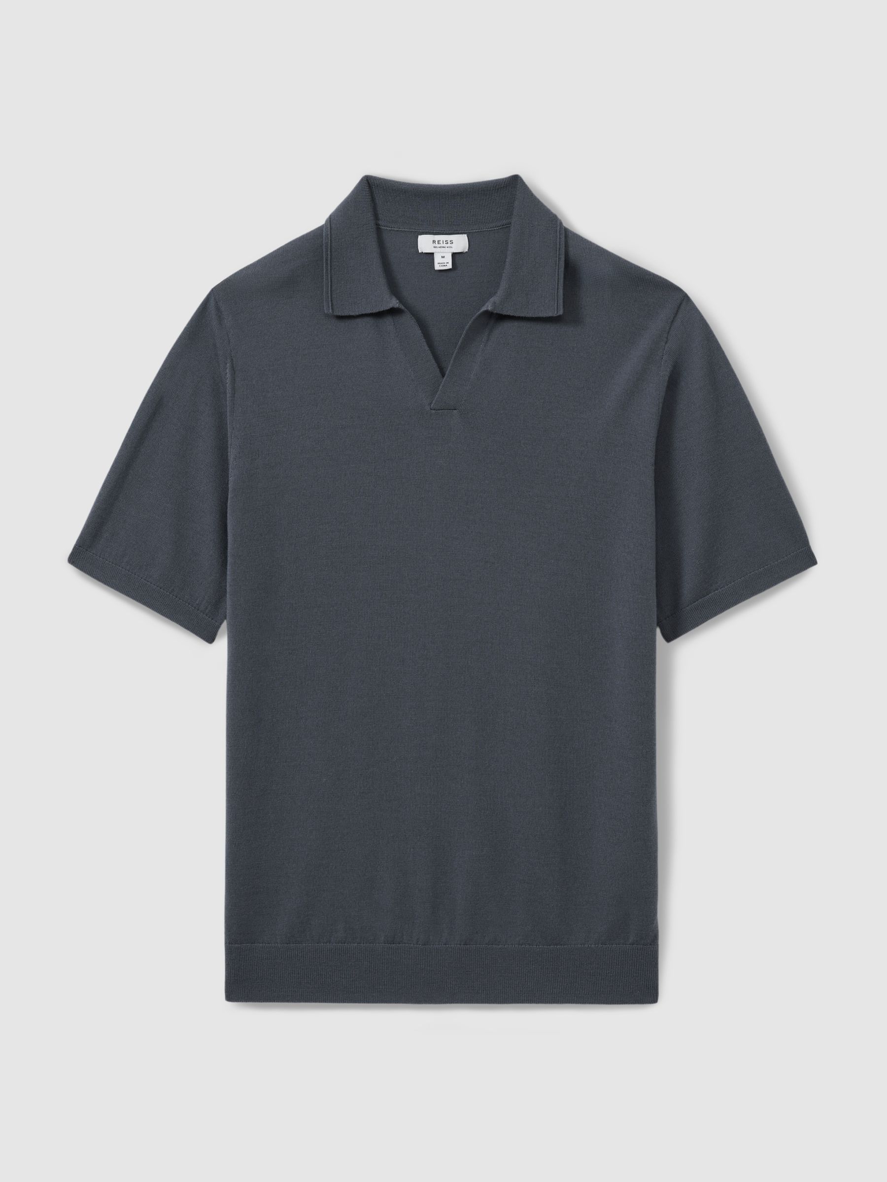 Merino Wool Open Collar Polo Shirt in Steel Blue - Image 2 of 5