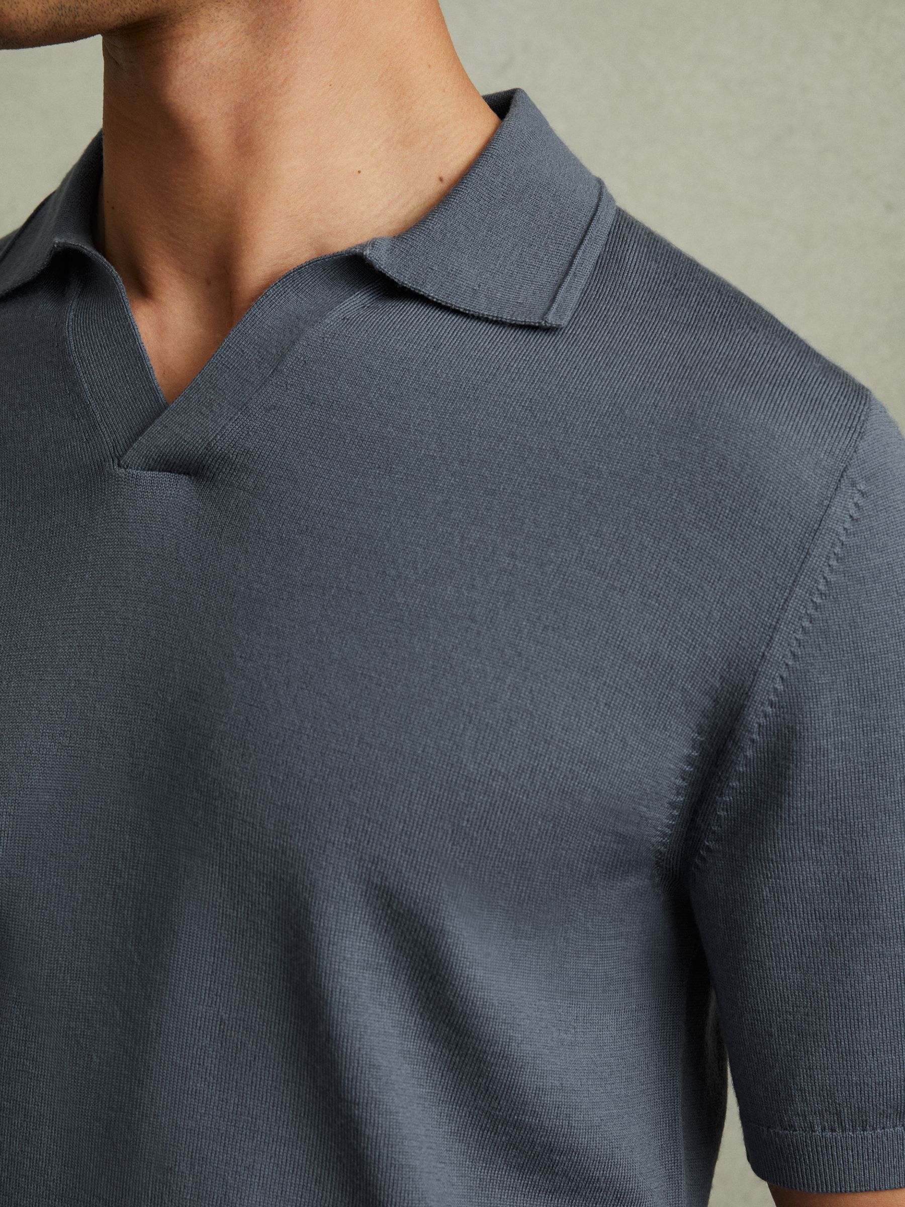 Merino Wool Open Collar Polo Shirt in Steel Blue - Image 3 of 5