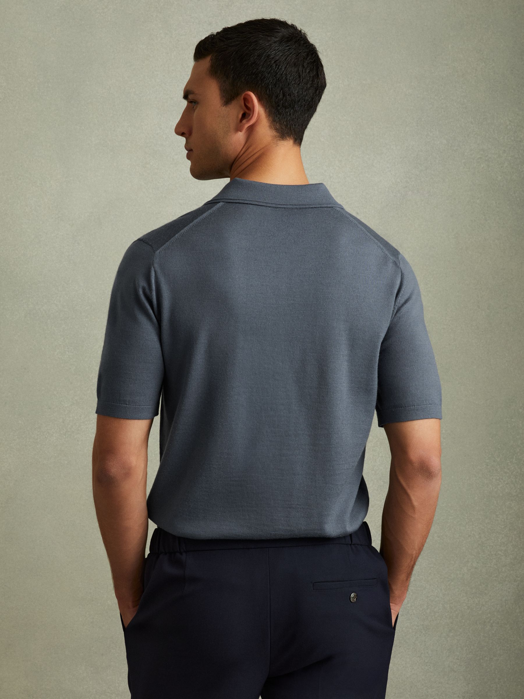 Merino Wool Open Collar Polo Shirt in Steel Blue - Image 4 of 5