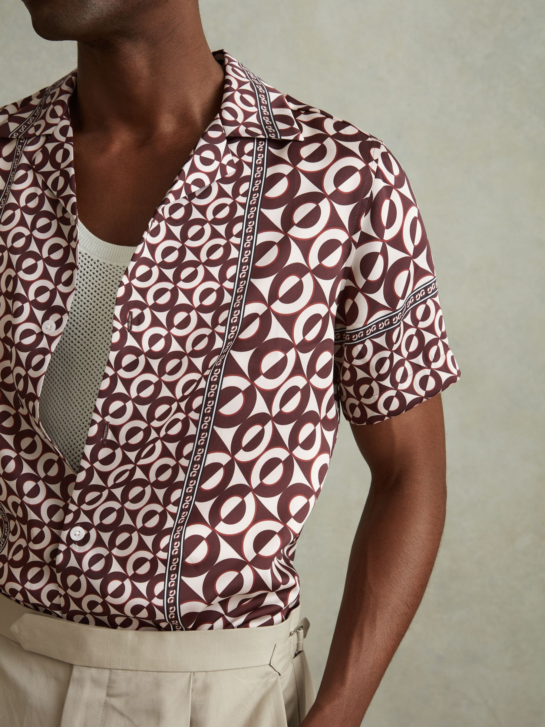 Geometric Print Cuban Collar Shirt in Tobacco - Image 3 of 6