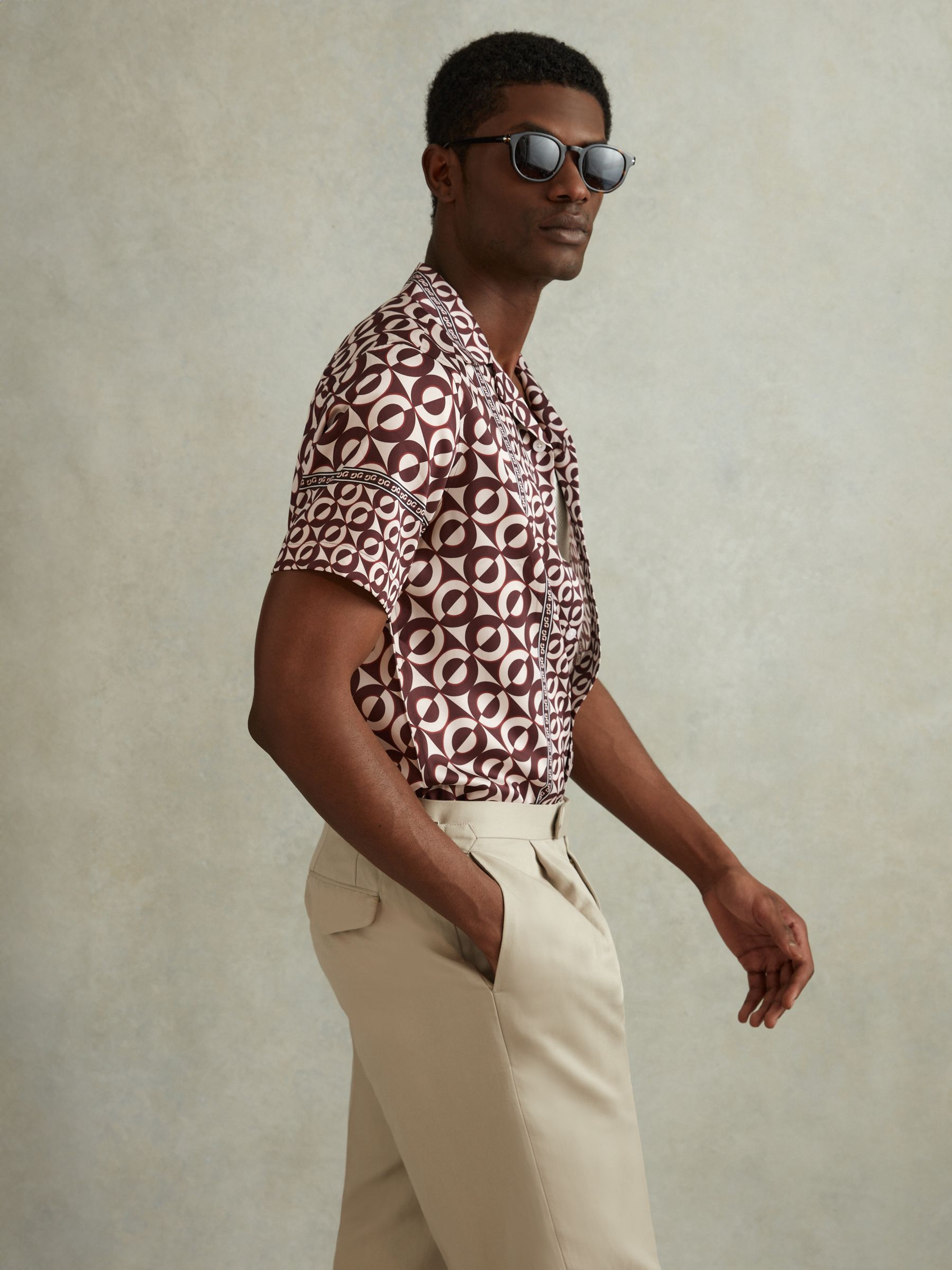 Geometric Print Cuban Collar Shirt in Tobacco - Image 4 of 6