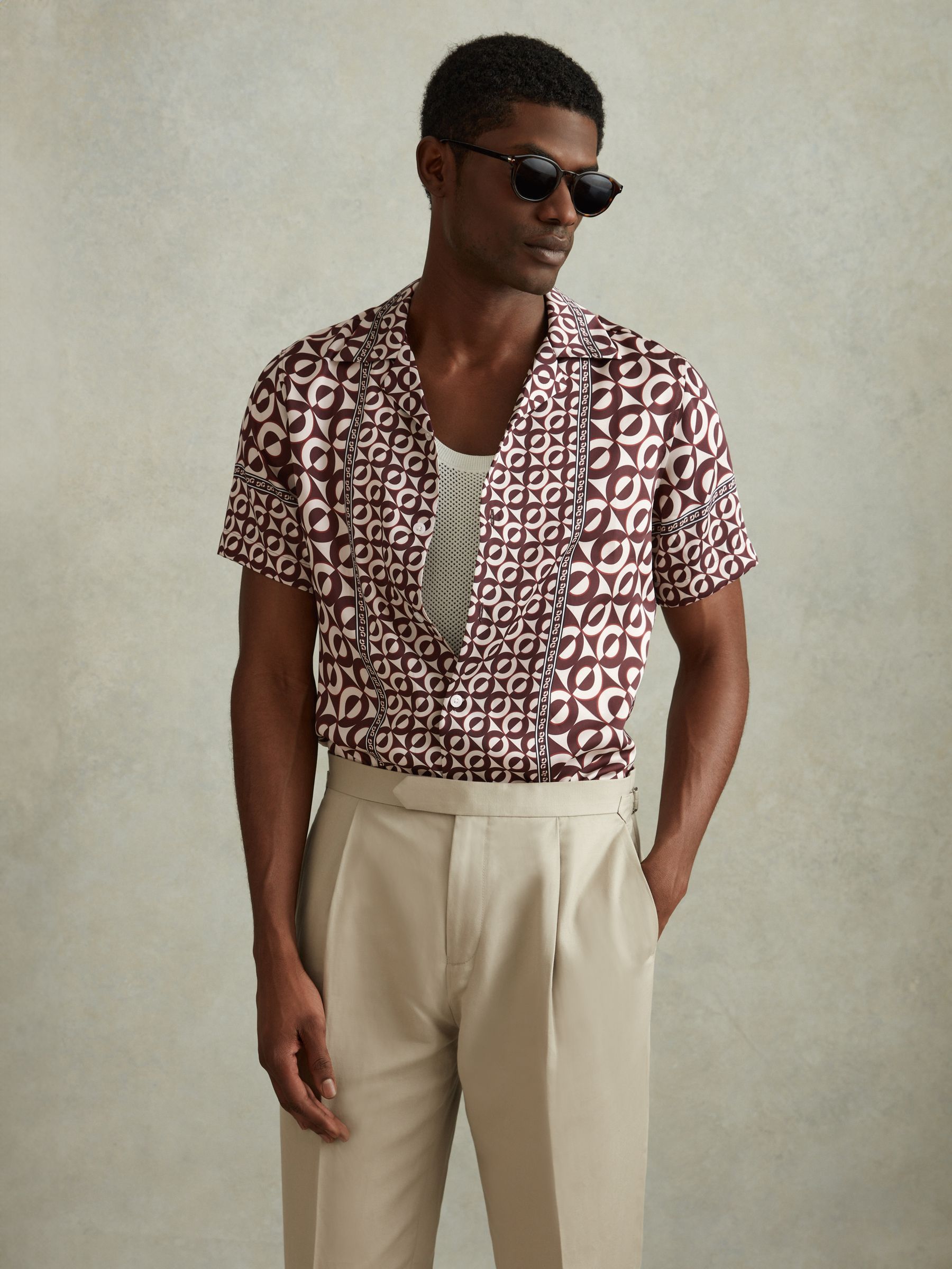 Geometric Print Cuban Collar Shirt in Tobacco - Image 5 of 6