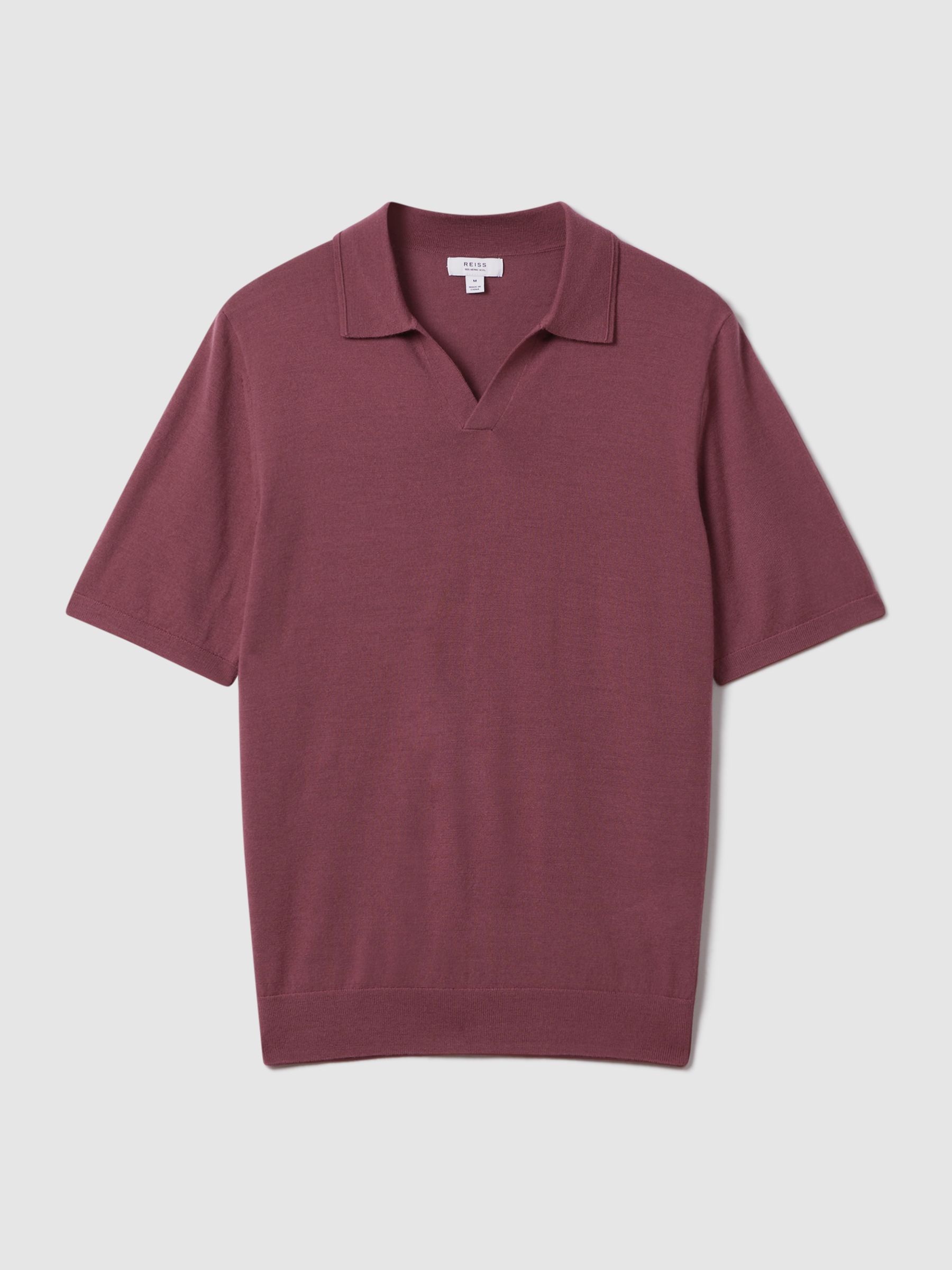 Merino Wool Open Collar Polo Shirt in Berry - Image 2 of 6