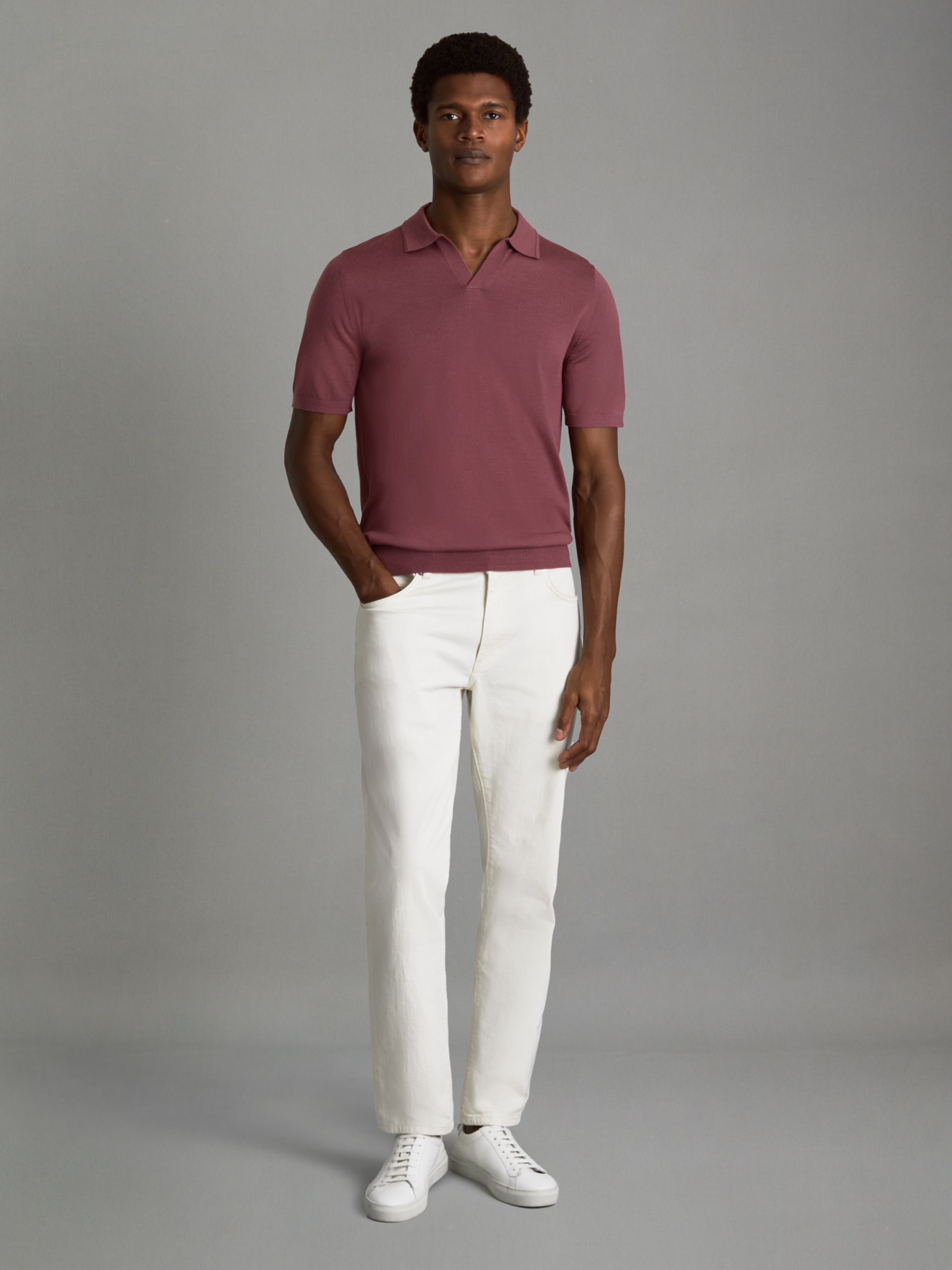 Merino Wool Open Collar Polo Shirt in Berry - Image 3 of 6
