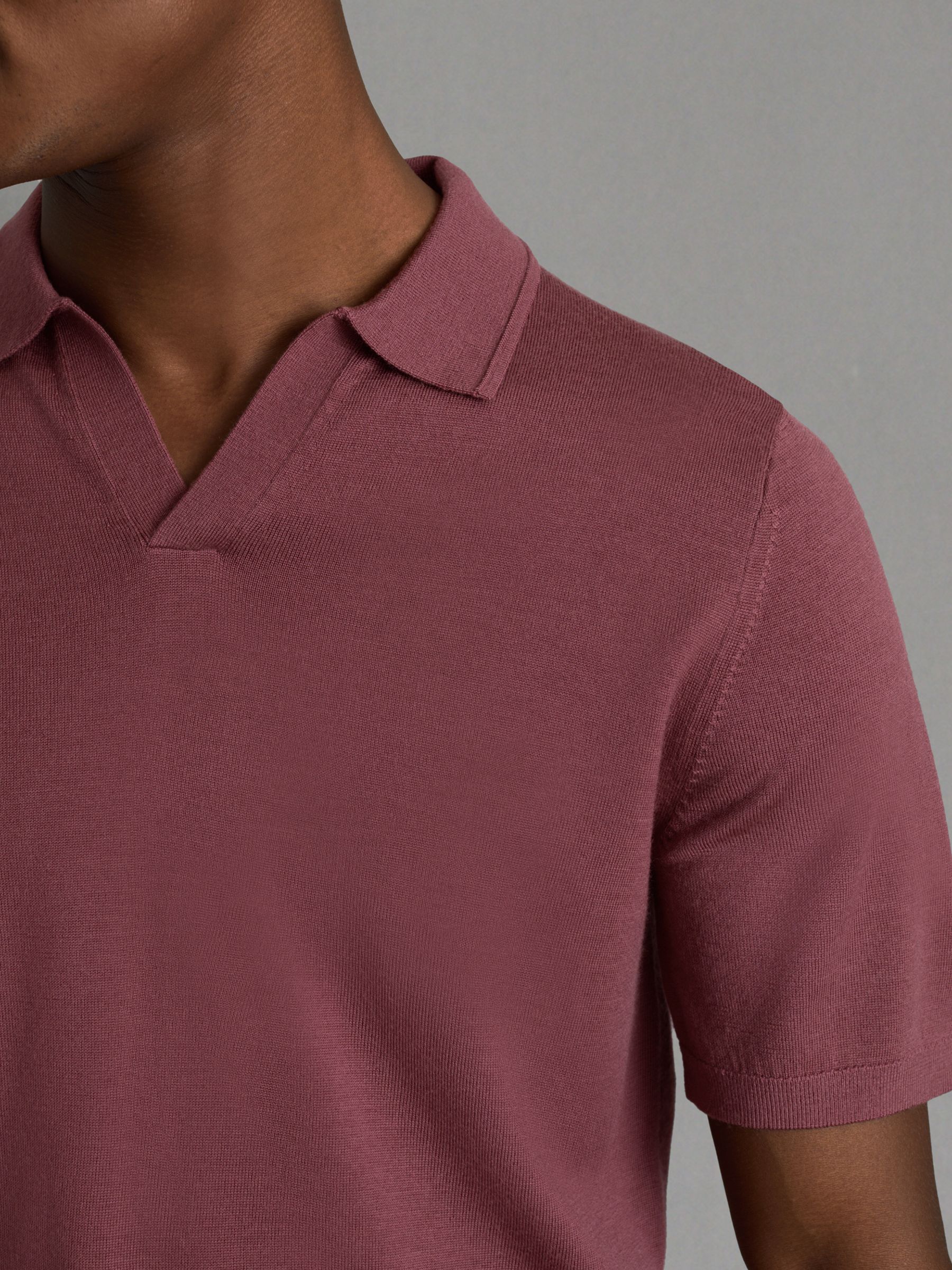 Merino Wool Open Collar Polo Shirt in Berry - Image 4 of 6
