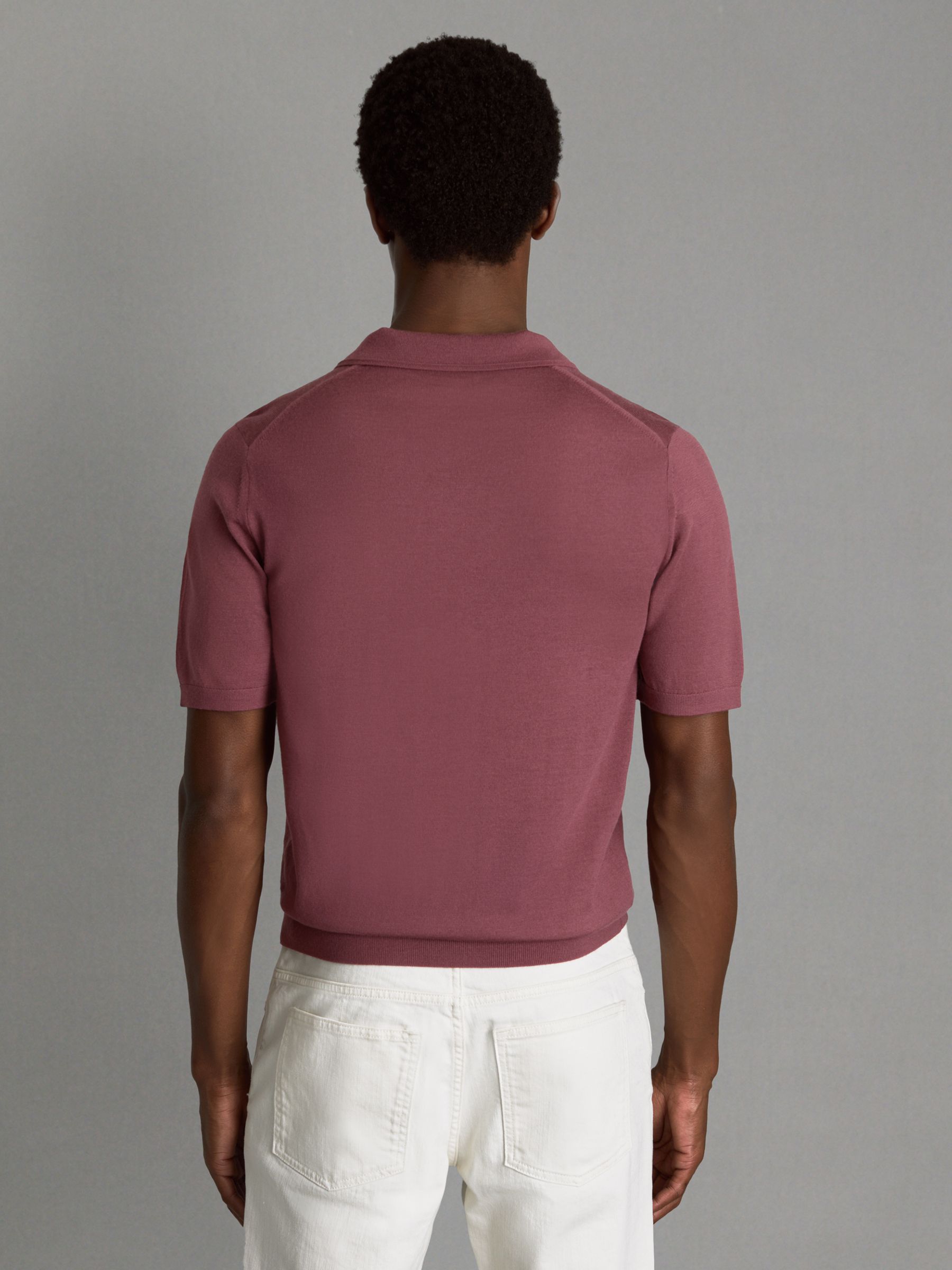 Merino Wool Open Collar Polo Shirt in Berry - Image 5 of 6