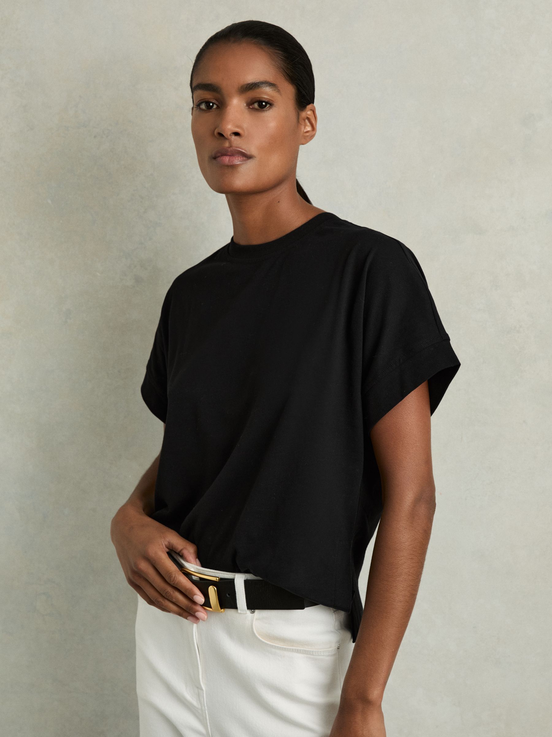Cotton Crew Neck T-Shirt in Black - Image 1 of 7