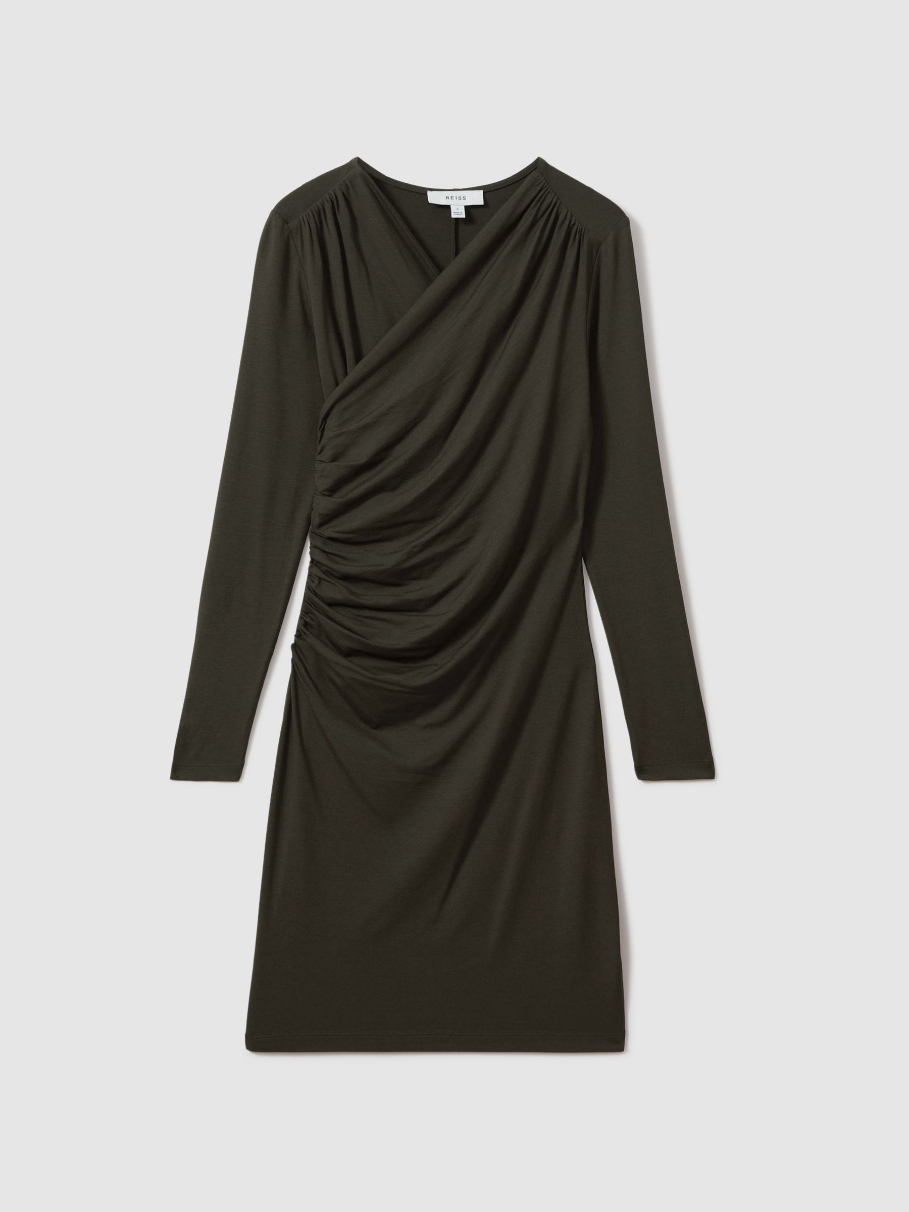 Wrap Front Ruched Jersey Mini Dress in Khaki - Image 2 of 5