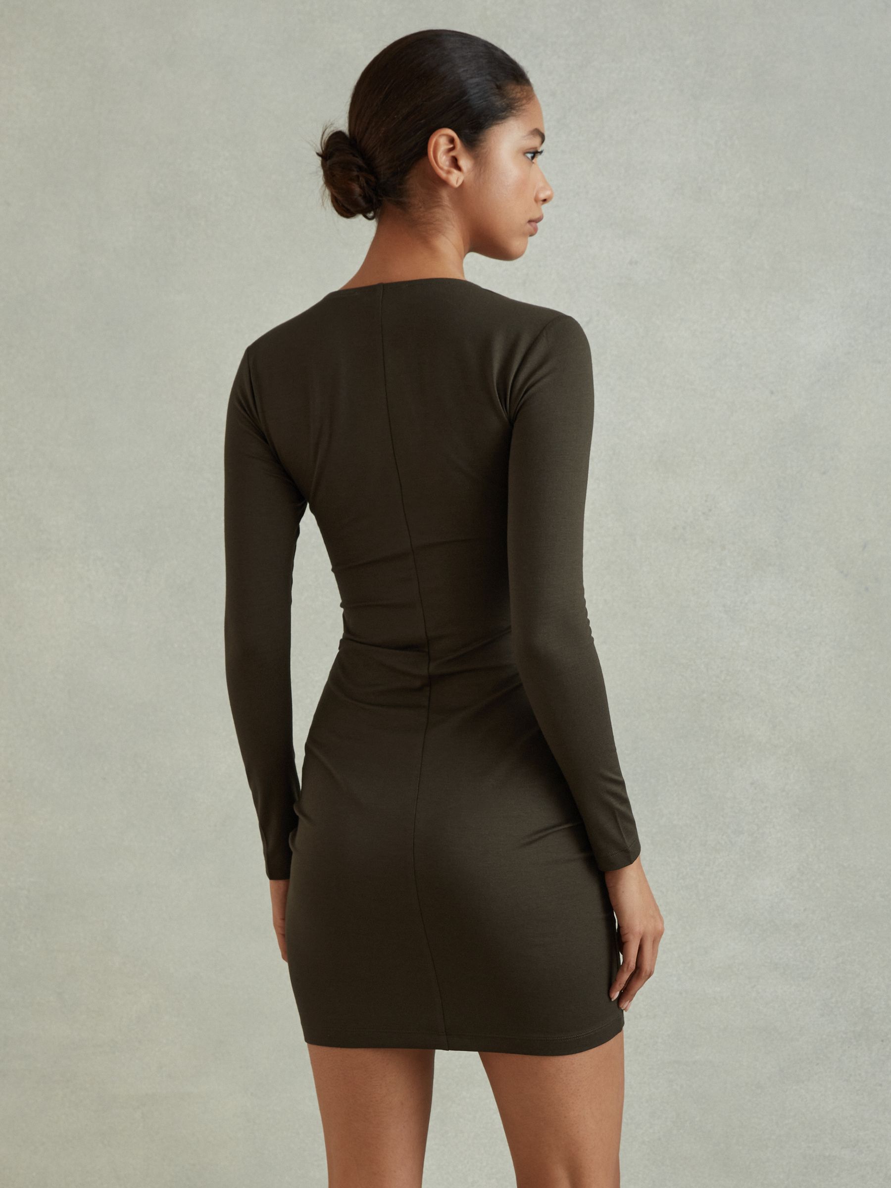 Wrap Front Ruched Jersey Mini Dress in Khaki - Image 4 of 5