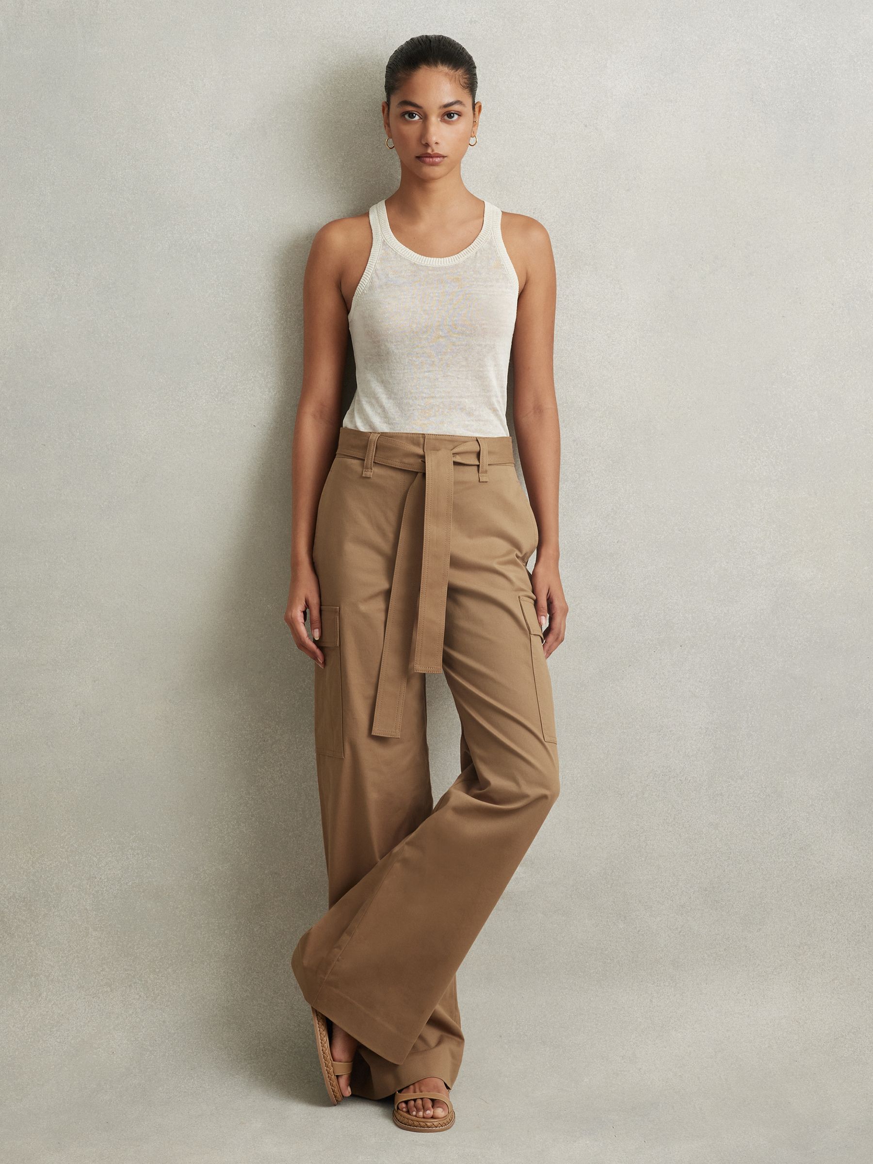 Petite Cotton Blend Wide Leg Cargo Trousers in Camel - Image 3 of 7