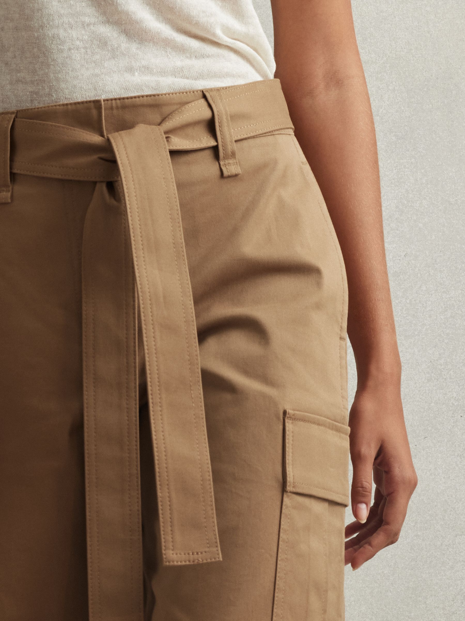 Petite Cotton Blend Wide Leg Cargo Trousers in Camel - Image 4 of 7