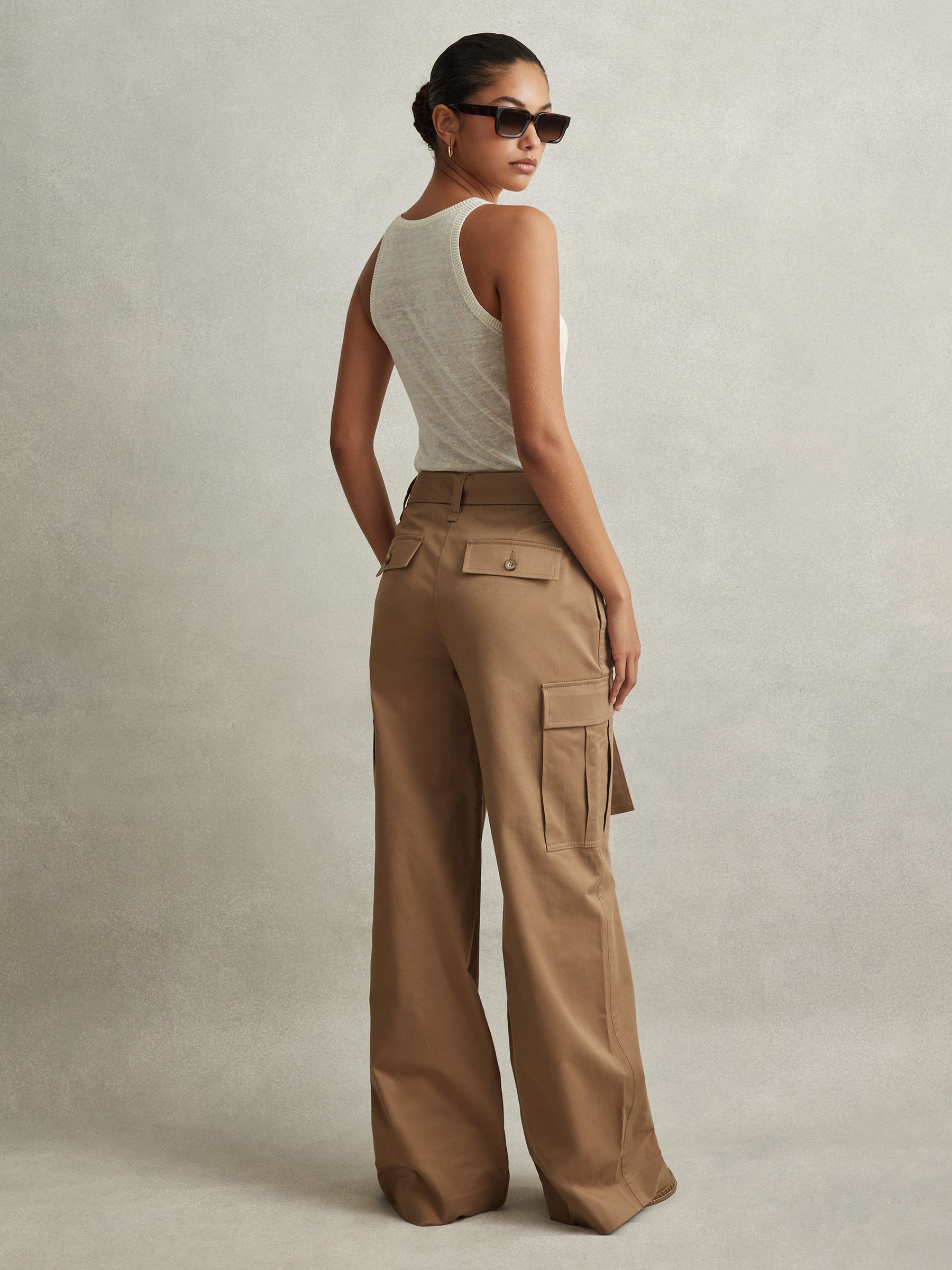 Petite Cotton Blend Wide Leg Cargo Trousers in Camel - Image 5 of 7
