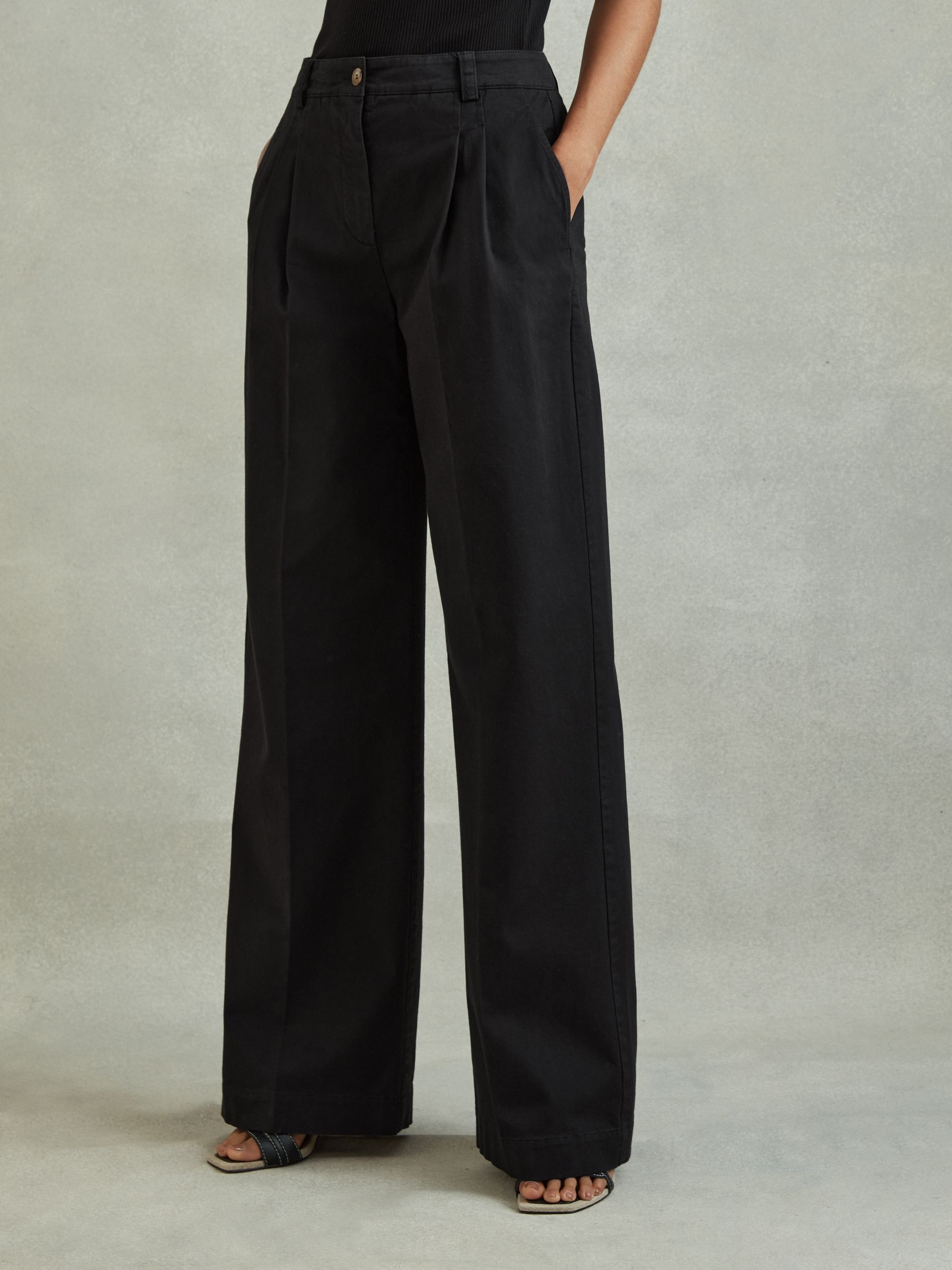Petite Cotton Blend Wide Leg Trousers in Washed Black - Image 1 of 7