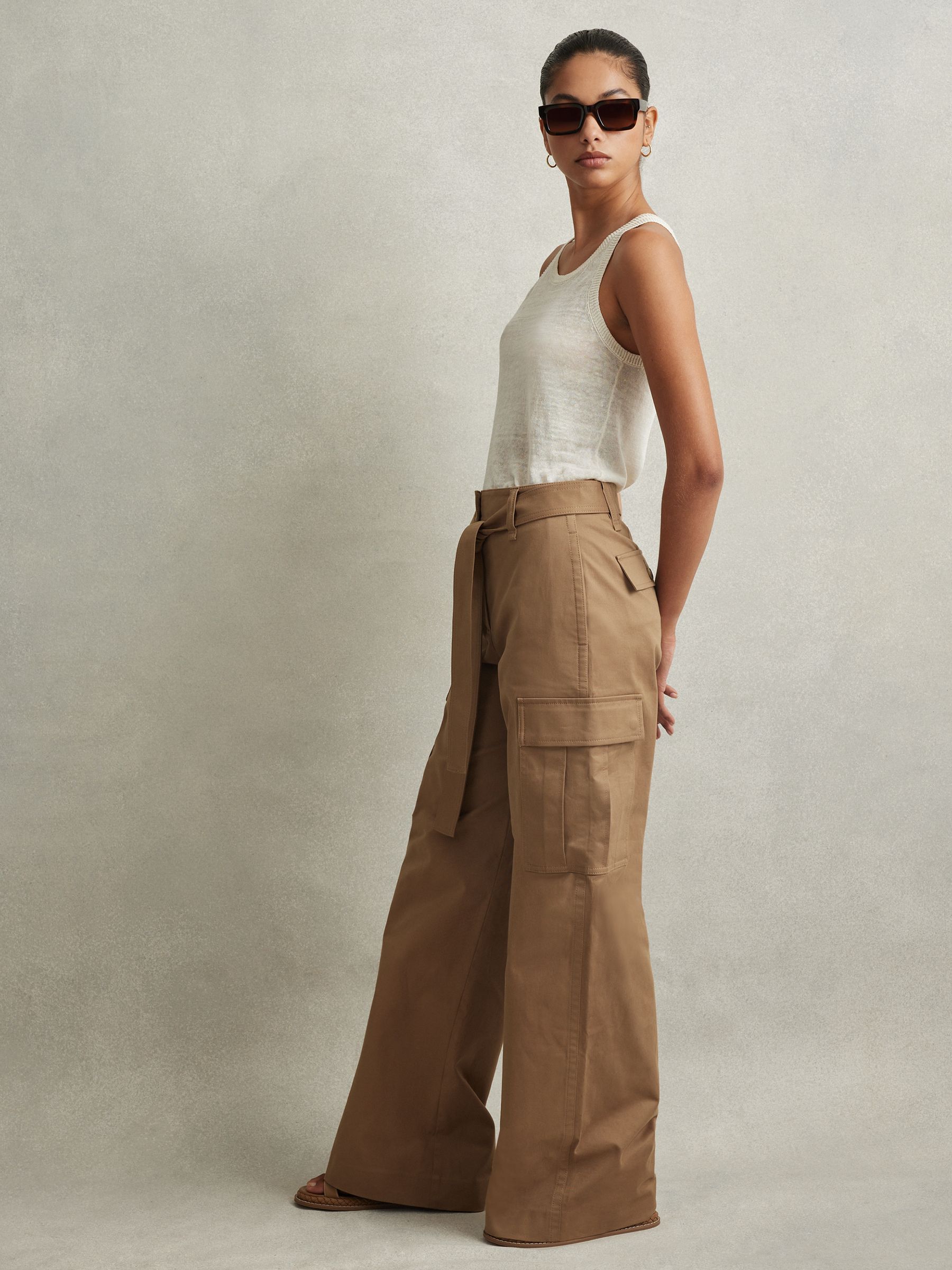 Reiss Cotton Blend Wide Leg Cargo Trousers in Camel | REISS