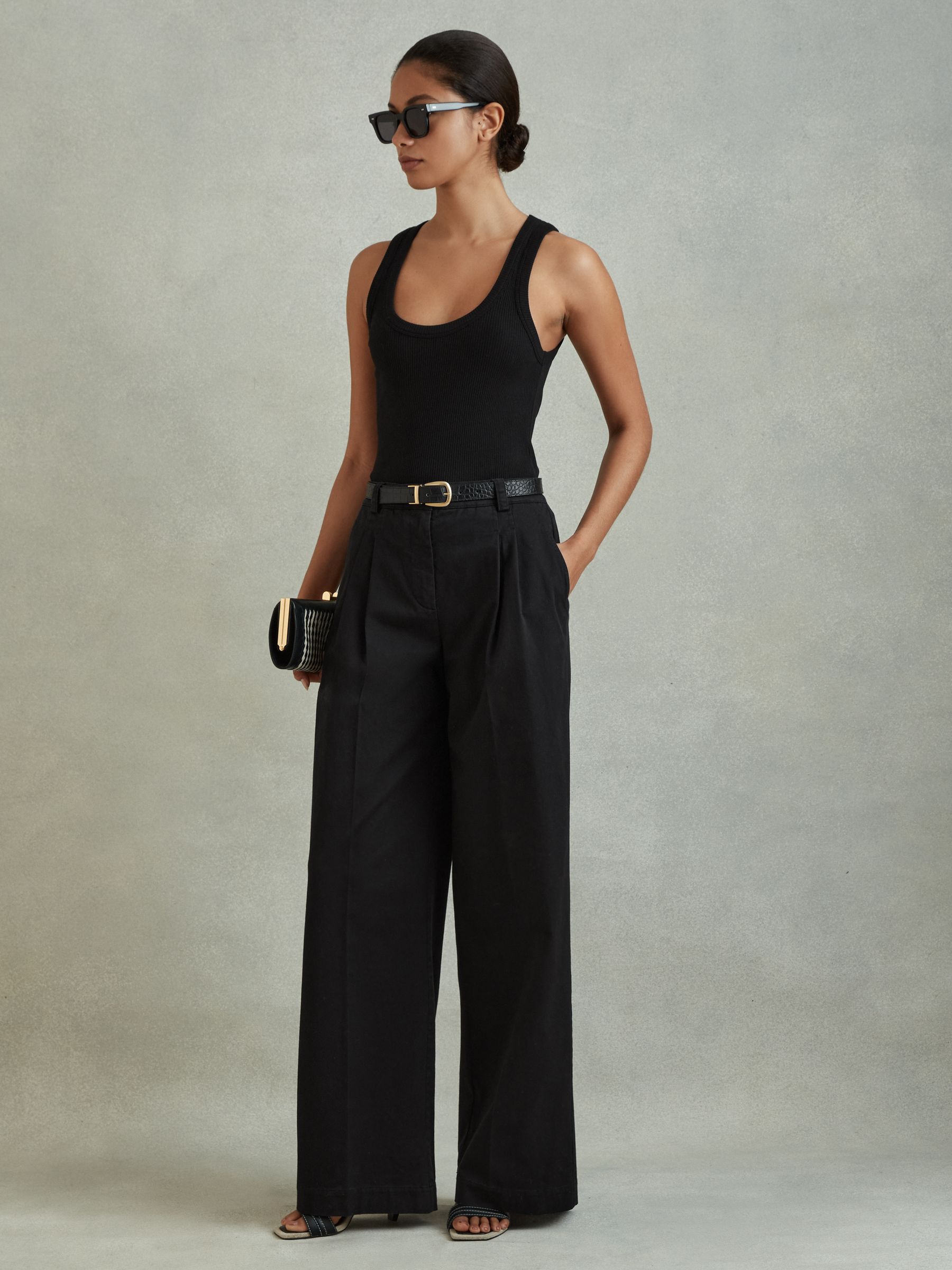 Cotton Blend Wide Leg Trousers in Washed Black - Image 1 of 5