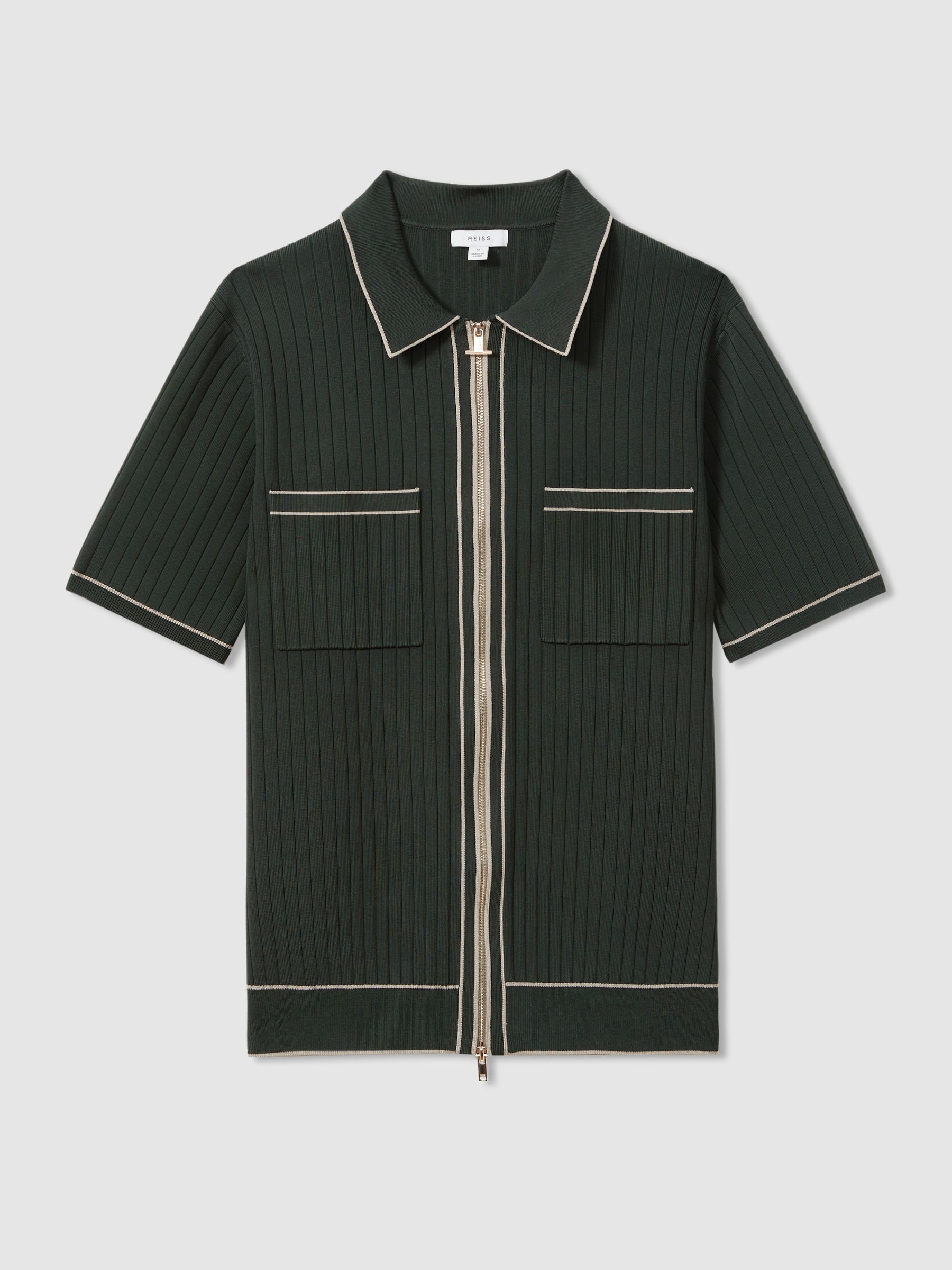 Ribbed Dual Zip-Front Shirt in Dark Green - Image 2 of 5