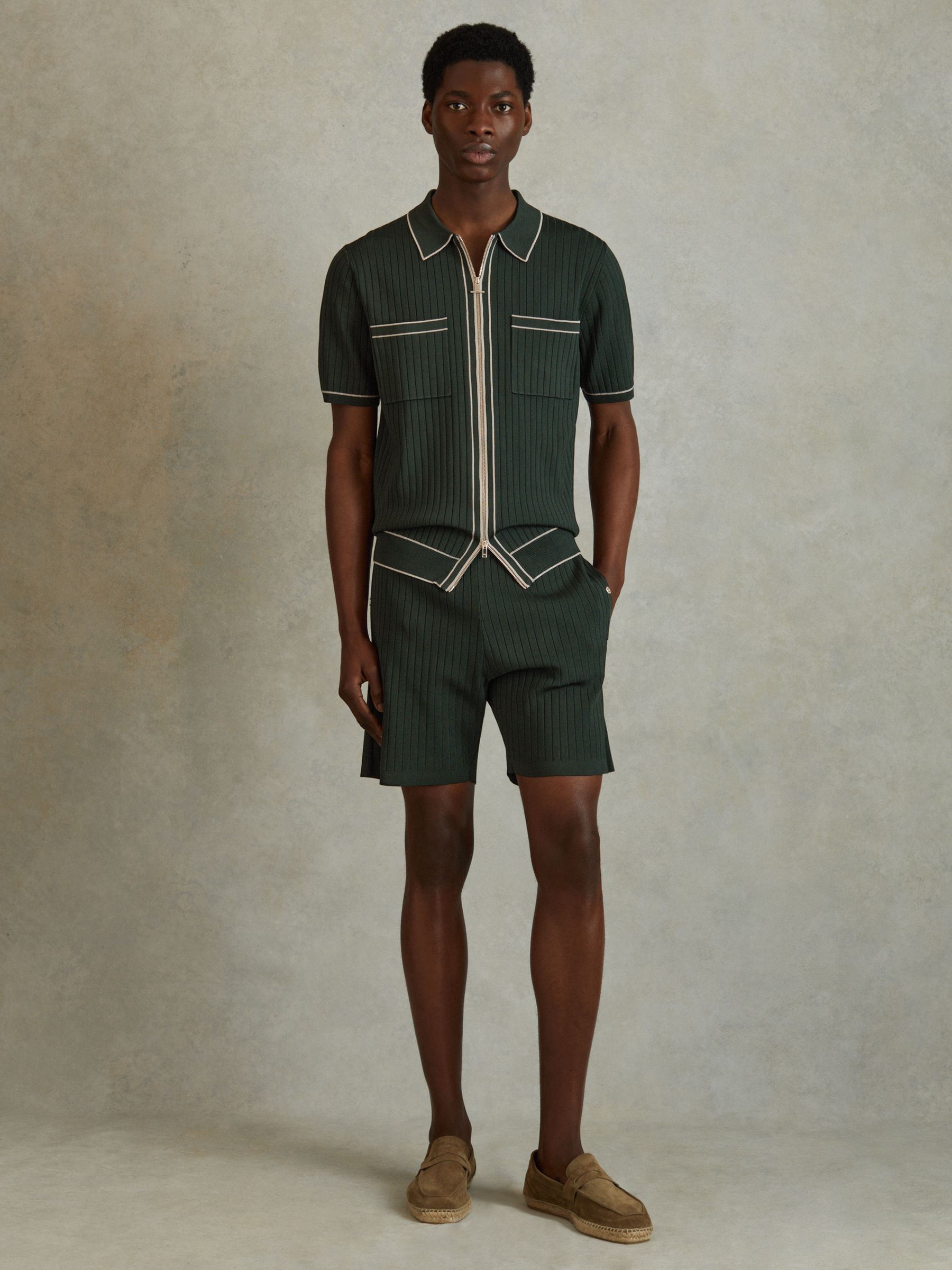 Ribbed Dual Zip-Front Shirt in Dark Green - Image 3 of 5