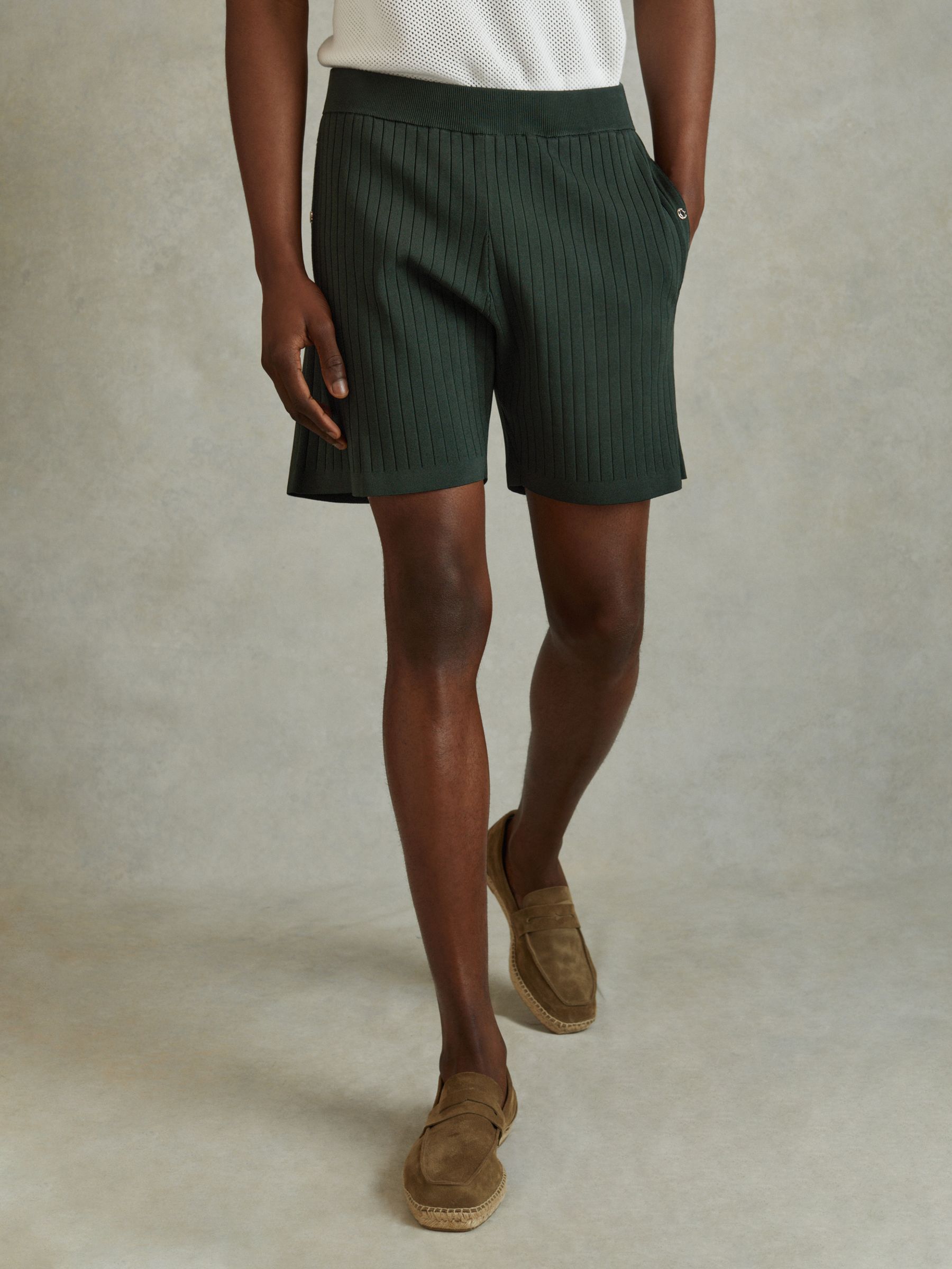 Ribbed Elasticated Waist Shorts in Dark Green - Image 3 of 6