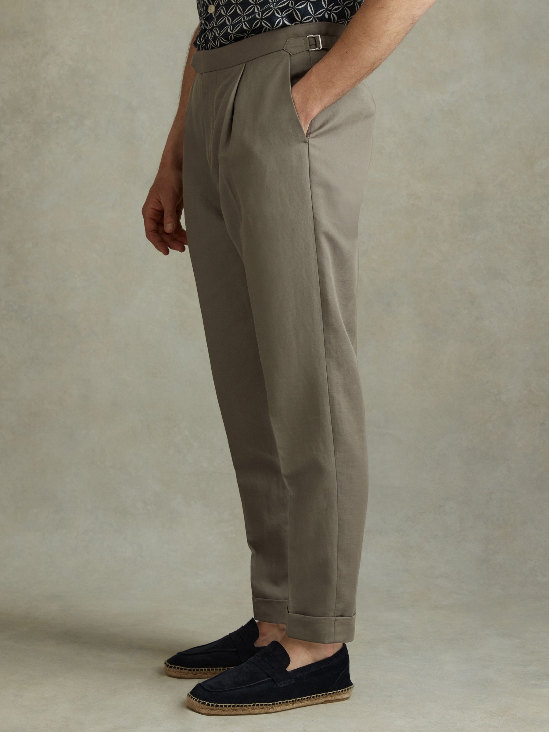 Relaxed Cropped Trousers with Turned-Up Hems in Light Khaki - Image 3 of 5