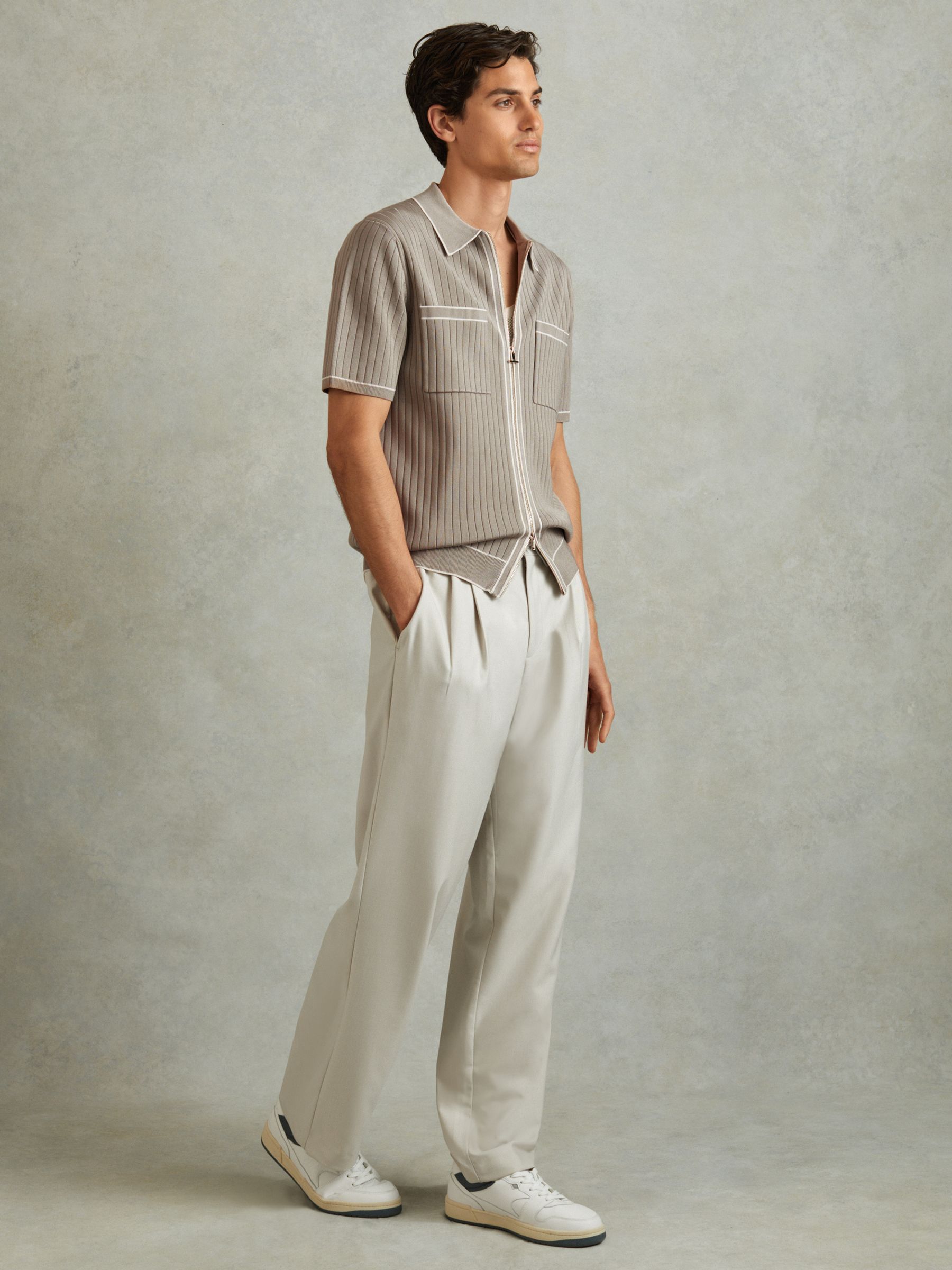 Ribbed Dual Zip-Front Shirt in Stone - Image 3 of 6