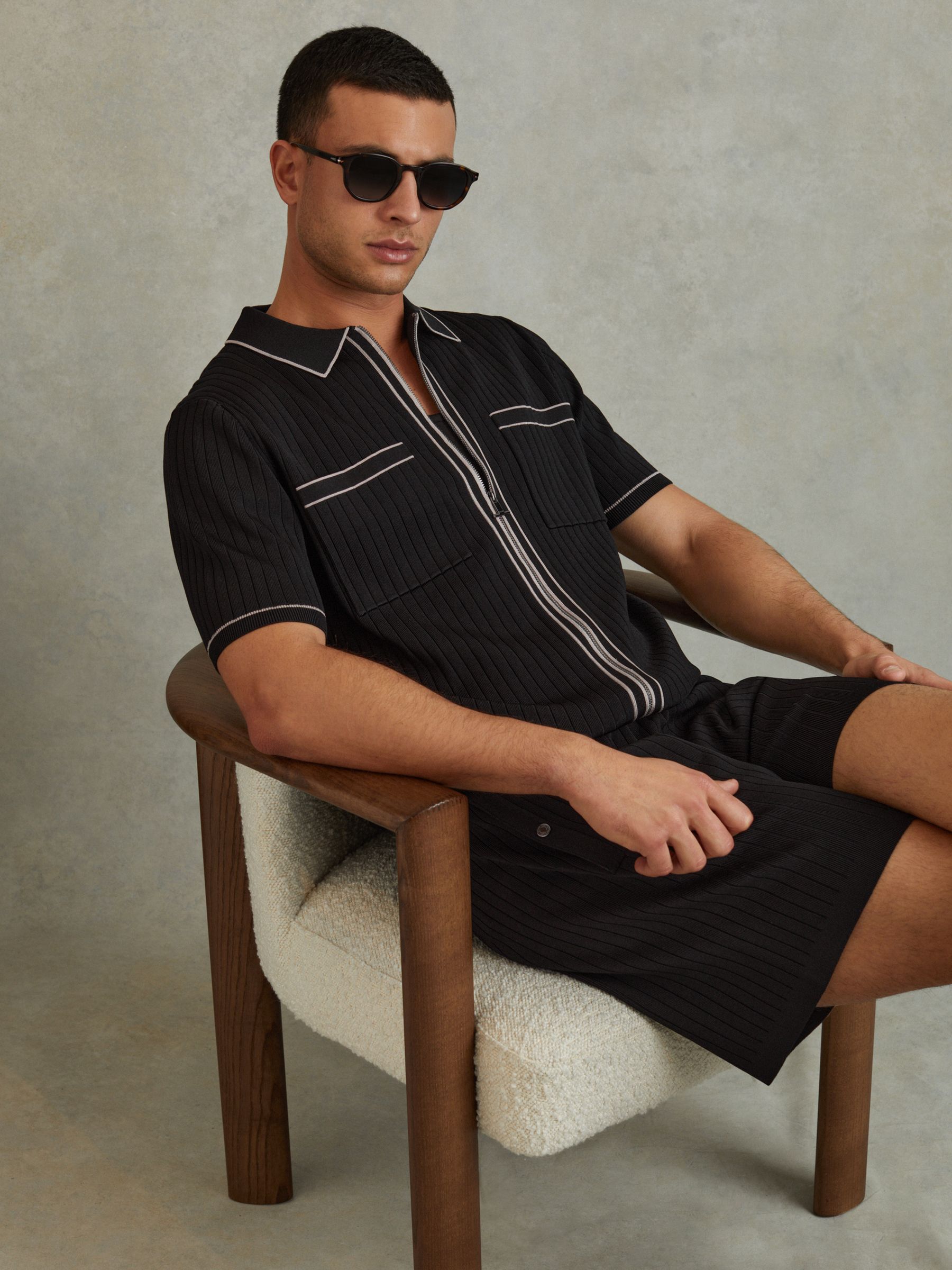 Ribbed Dual Zip-Front Shirt in Black - Image 1 of 6