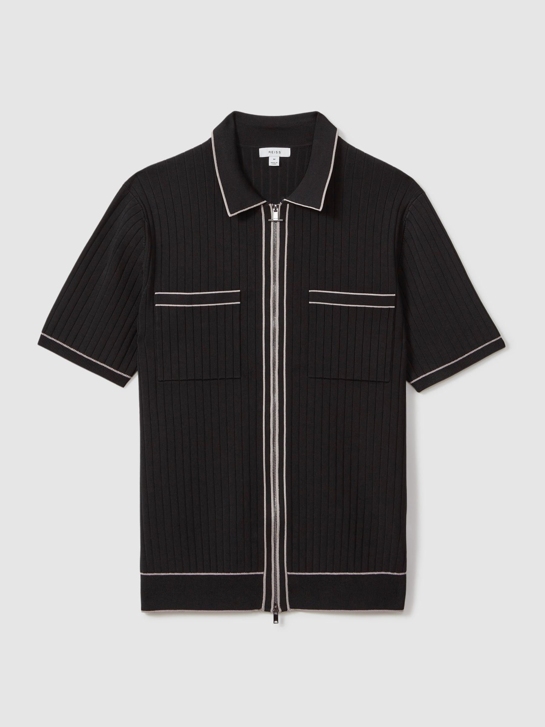 Ribbed Dual Zip-Front Shirt in Black - Image 2 of 6