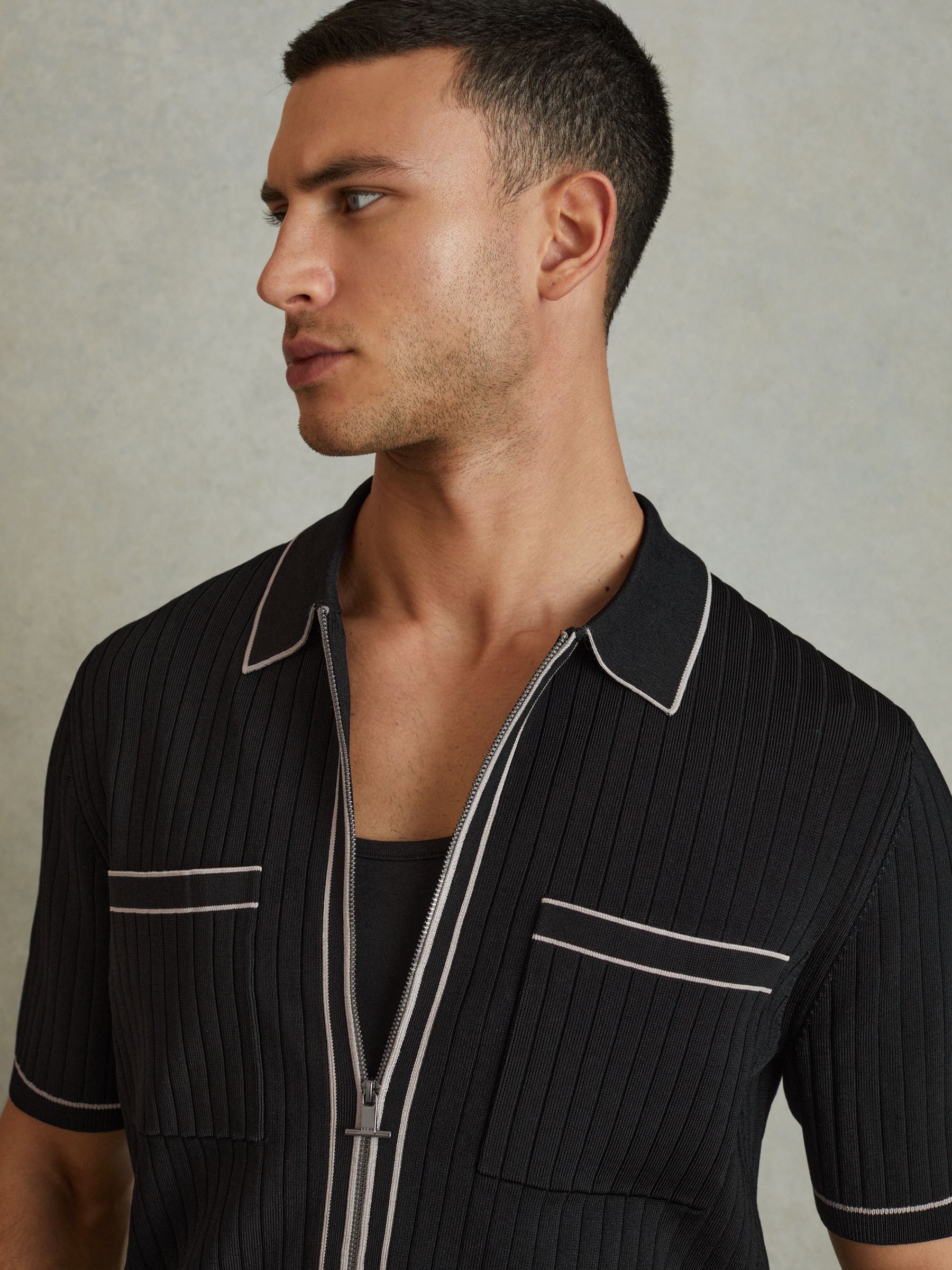 Ribbed Dual Zip-Front Shirt in Black - Image 4 of 6