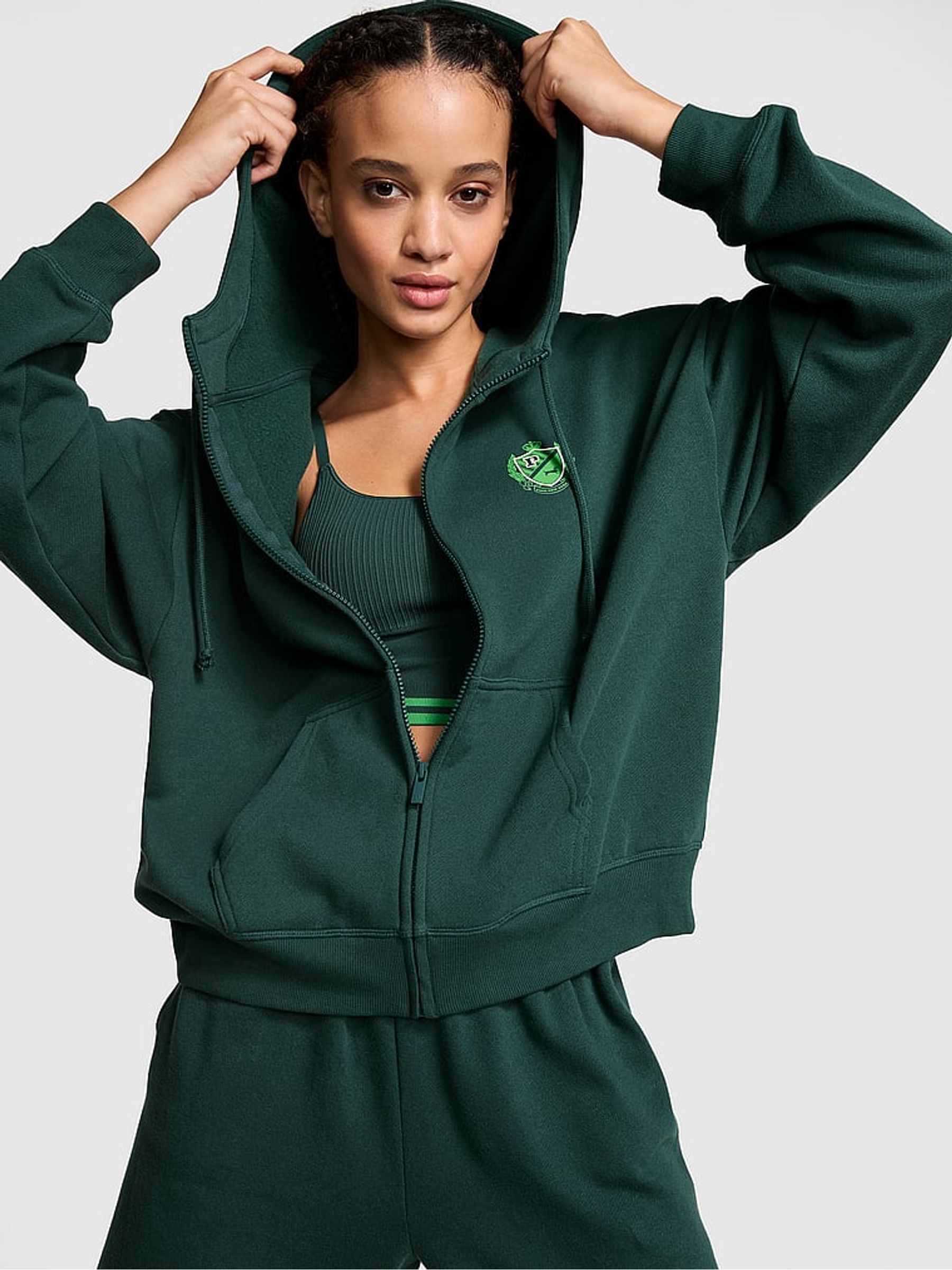 Deep Forest Green Zip Up Fleece Hoodie - Image 1 of 4