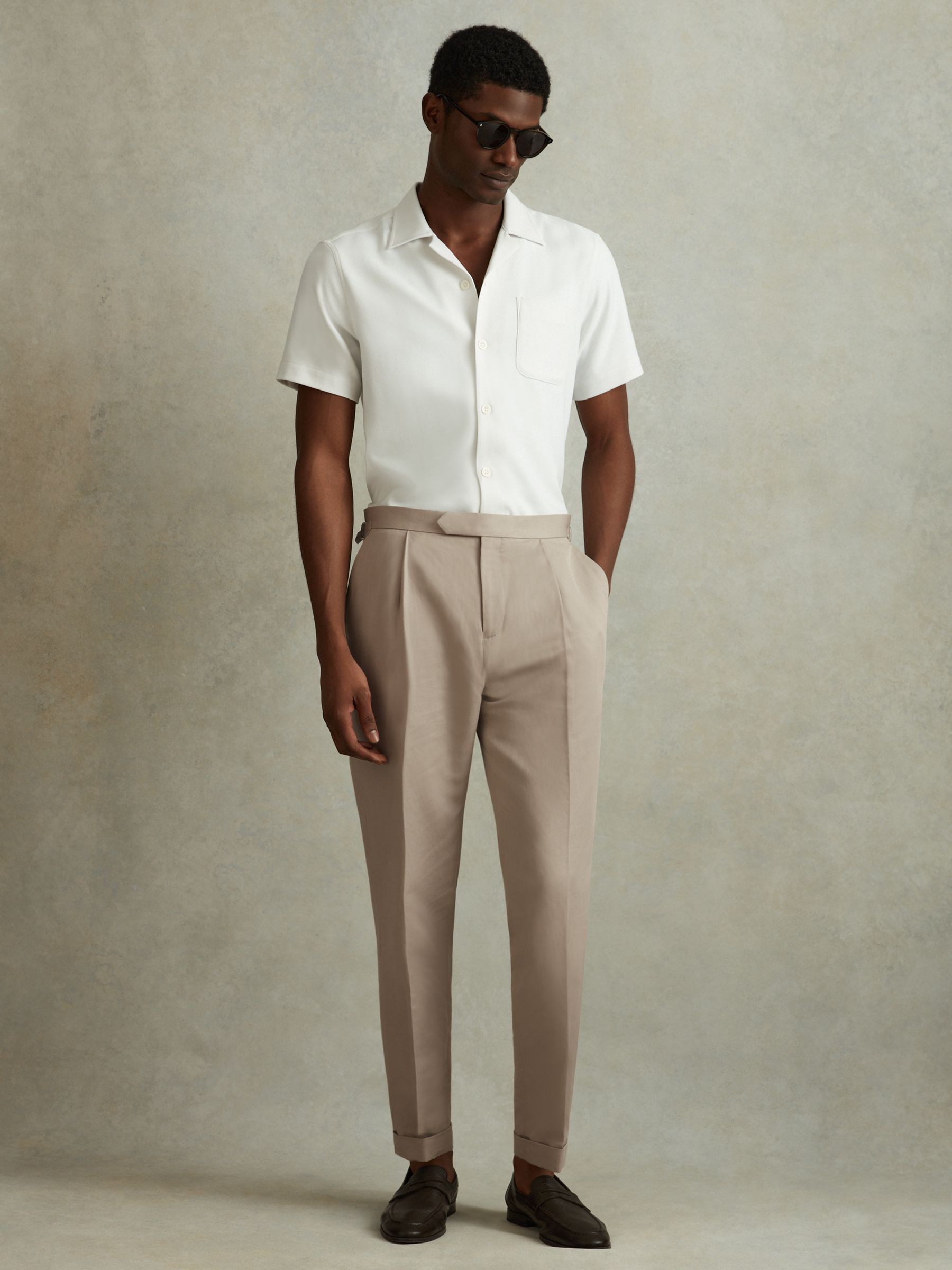 Relaxed Cropped Trousers with Turned-Up Hems in Stone - Image 1 of 6