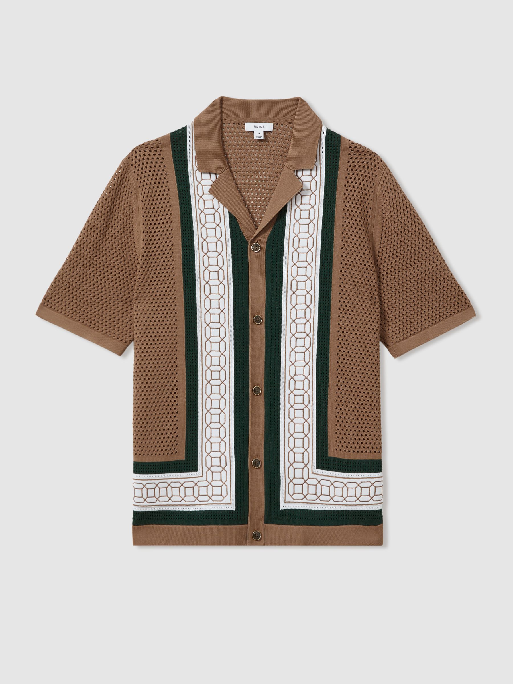 Embroidered Cuban Collar Shirt in Camel/Green - Image 2 of 6