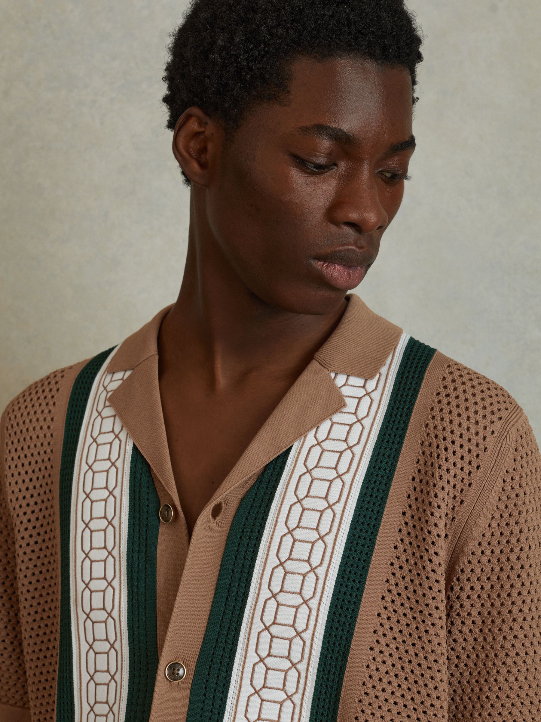Embroidered Cuban Collar Shirt in Camel/Green - Image 4 of 6