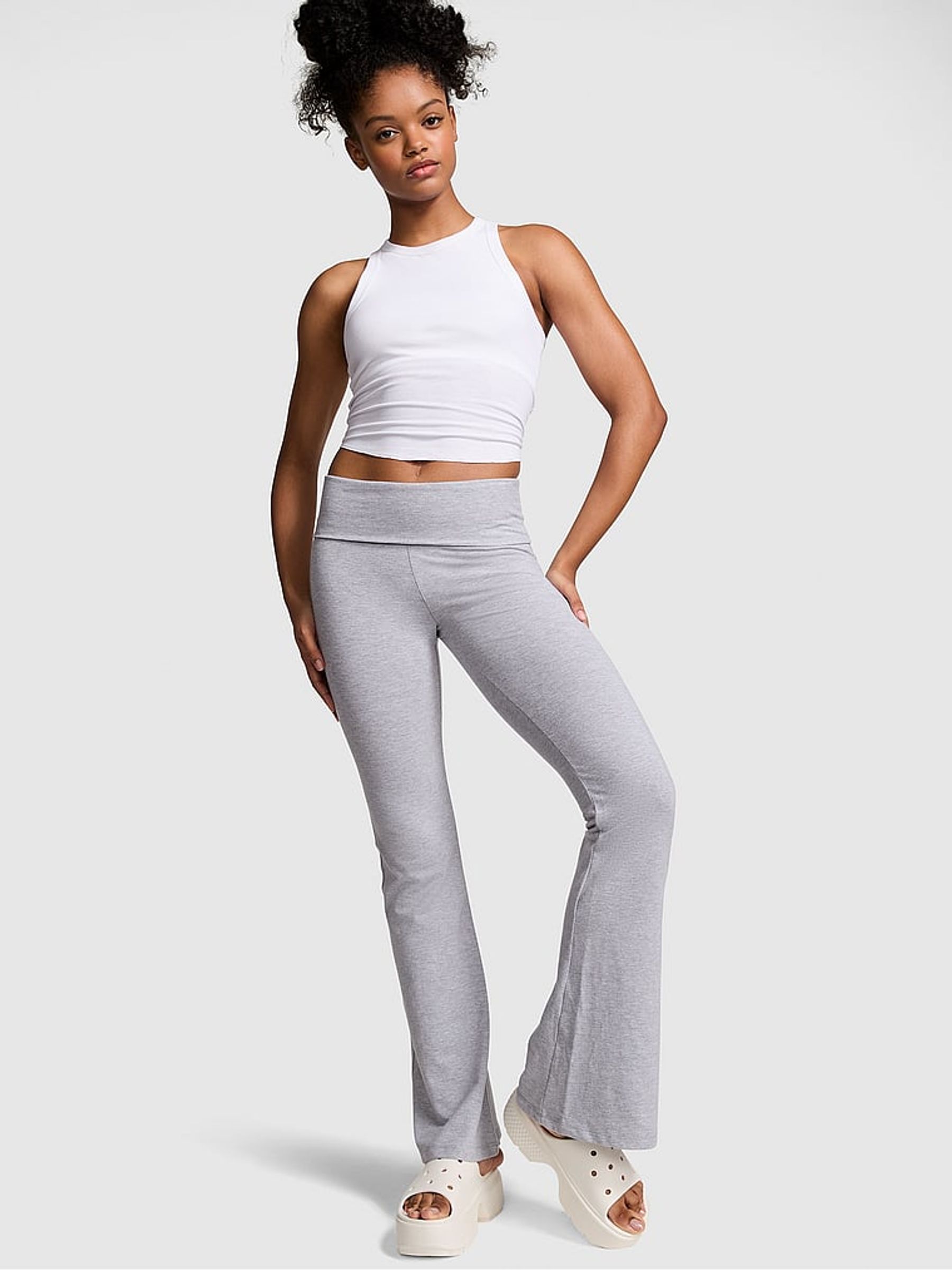 Heather Charcoal Grey Diamante Cotton Foldover Flare Leggings - Image 1 of 3