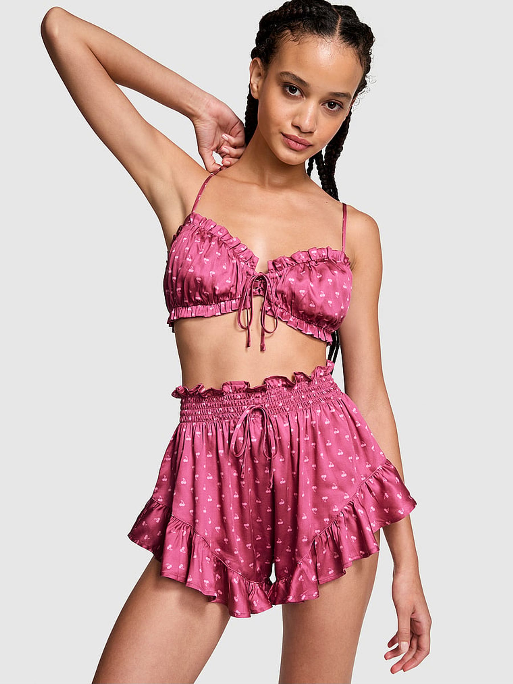 Midnight Mauve Pink Cherries Cami Tie Front Short Pyjama Set - Image 1 of 3