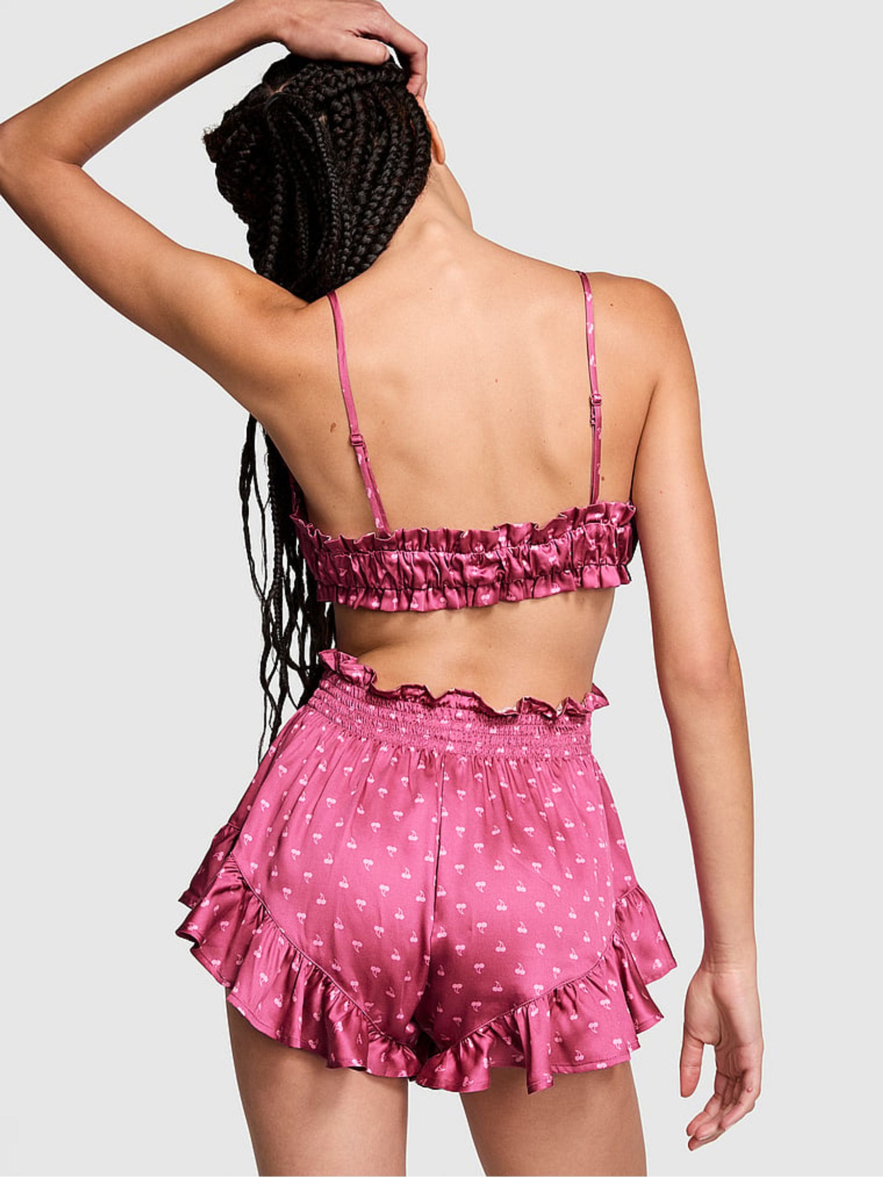 Midnight Mauve Pink Cherries Cami Tie Front Short Pyjama Set - Image 2 of 3