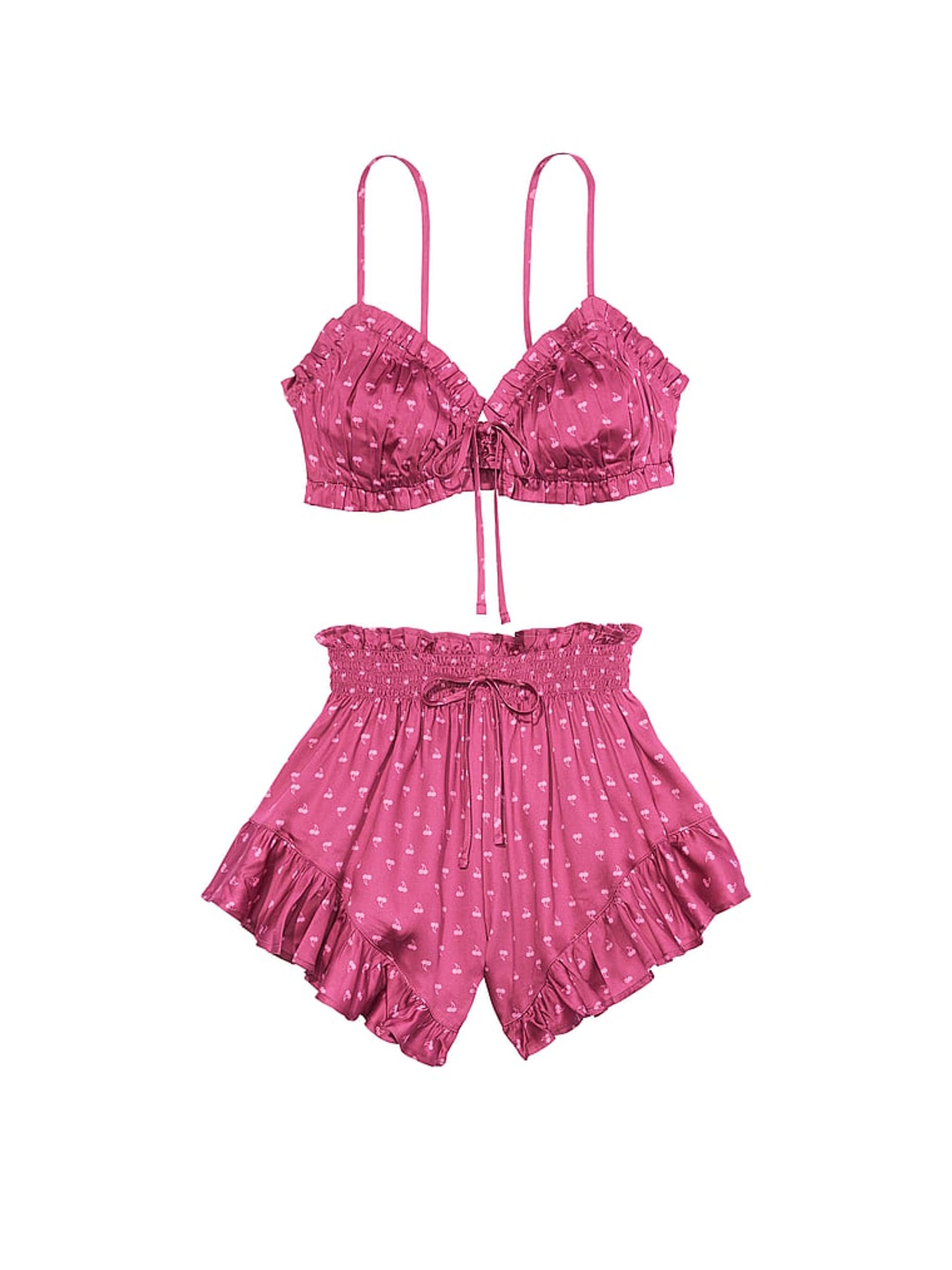 Midnight Mauve Pink Cherries Cami Tie Front Short Pyjama Set - Image 3 of 3