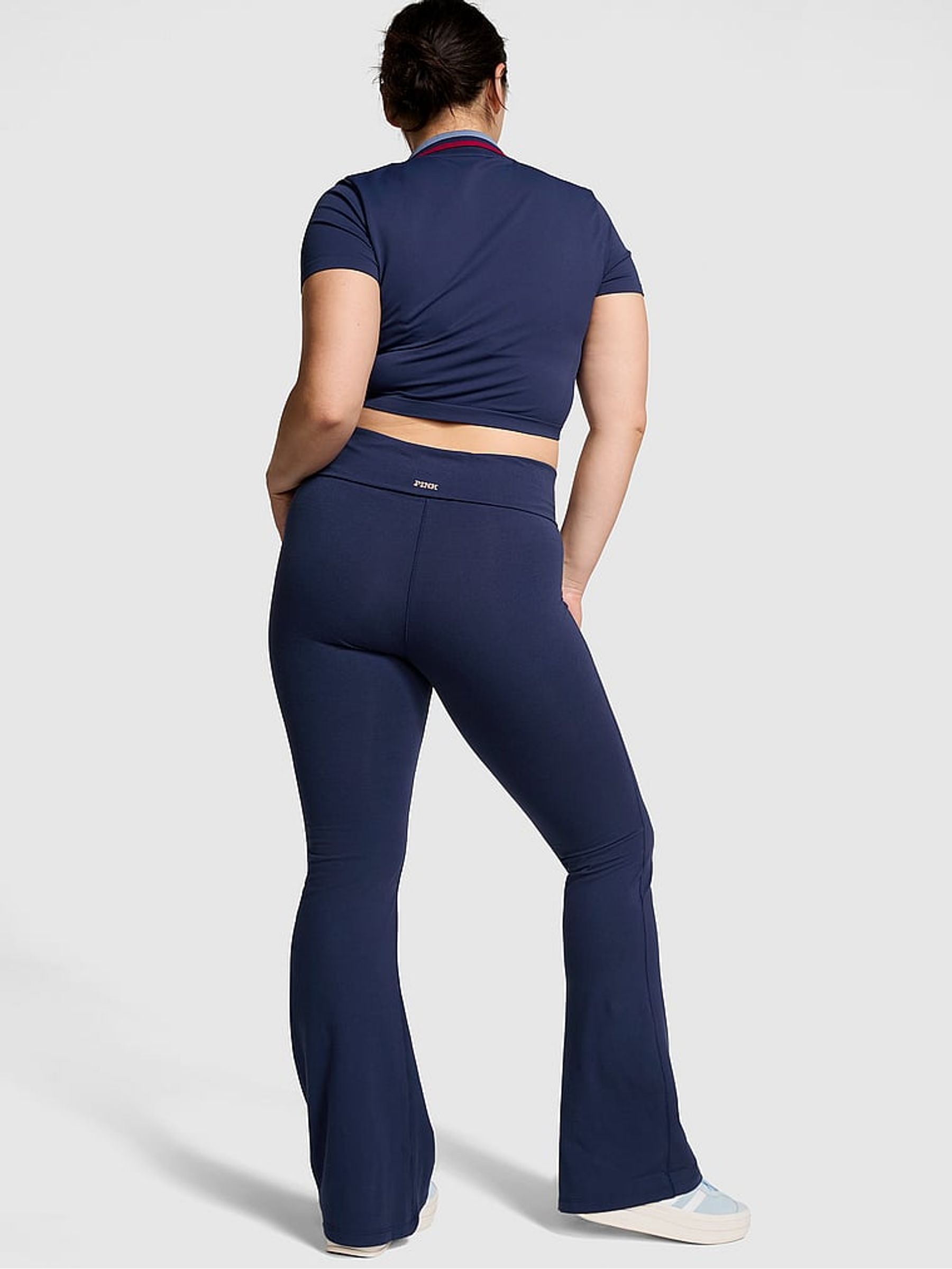 Midnight Navy Blue Diamante Cotton Foldover Flare Leggings - Image 2 of 3