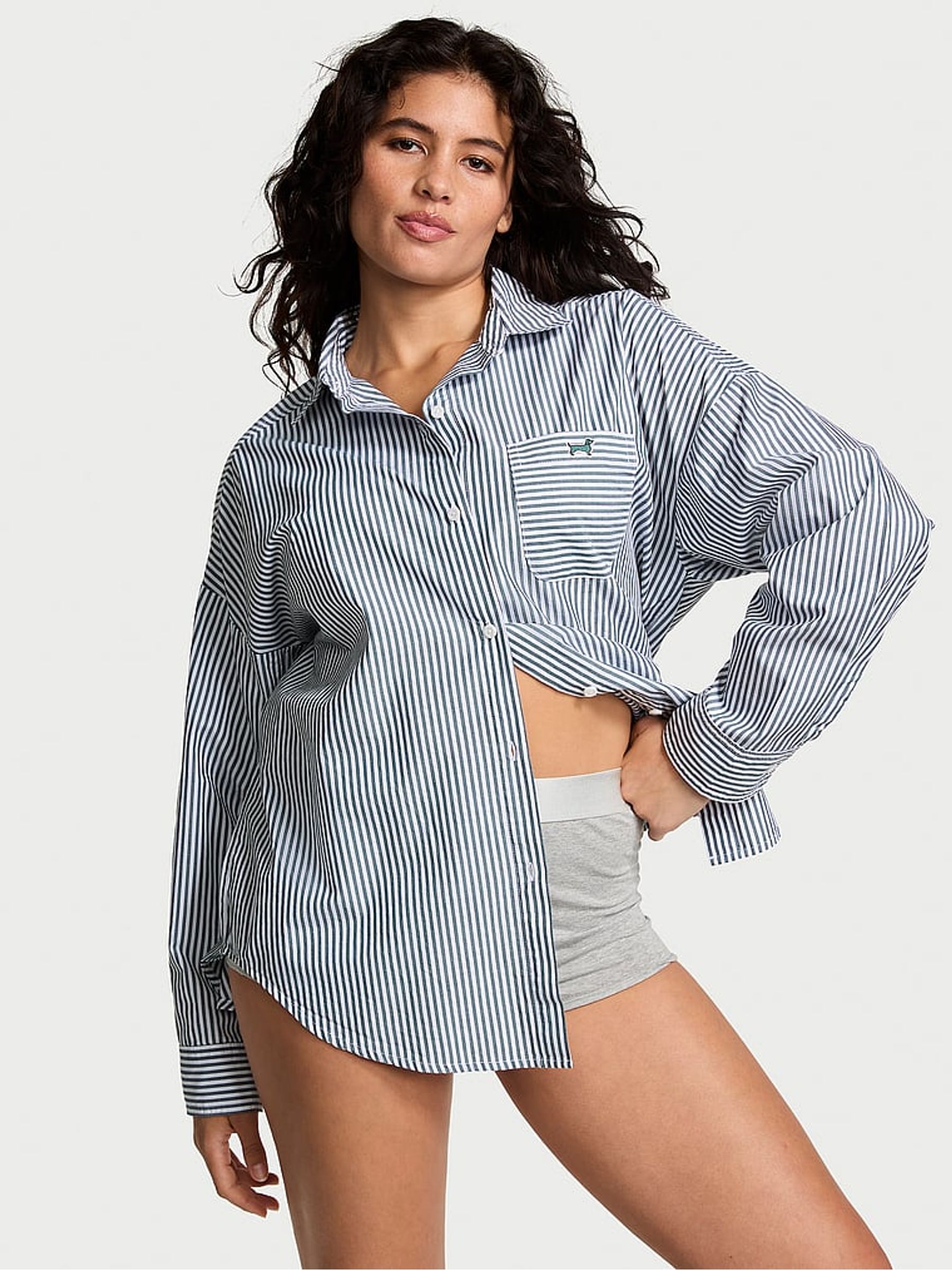 Green Forest Stripe Cotton Oversized Night Shirt - Image 1 of 3