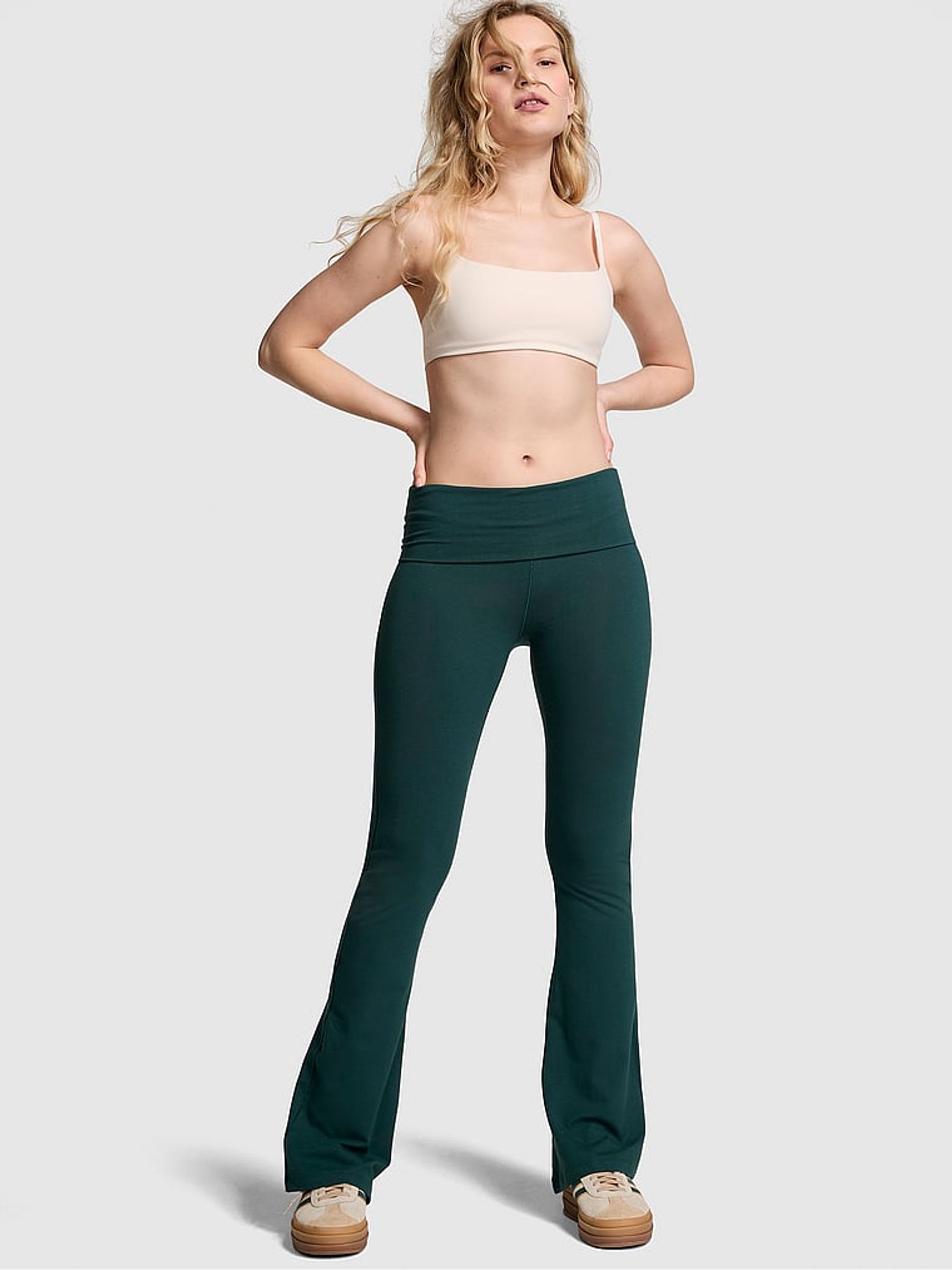 Deep Forest Green Diamante Cotton Foldover Flare Leggings - Image 1 of 3