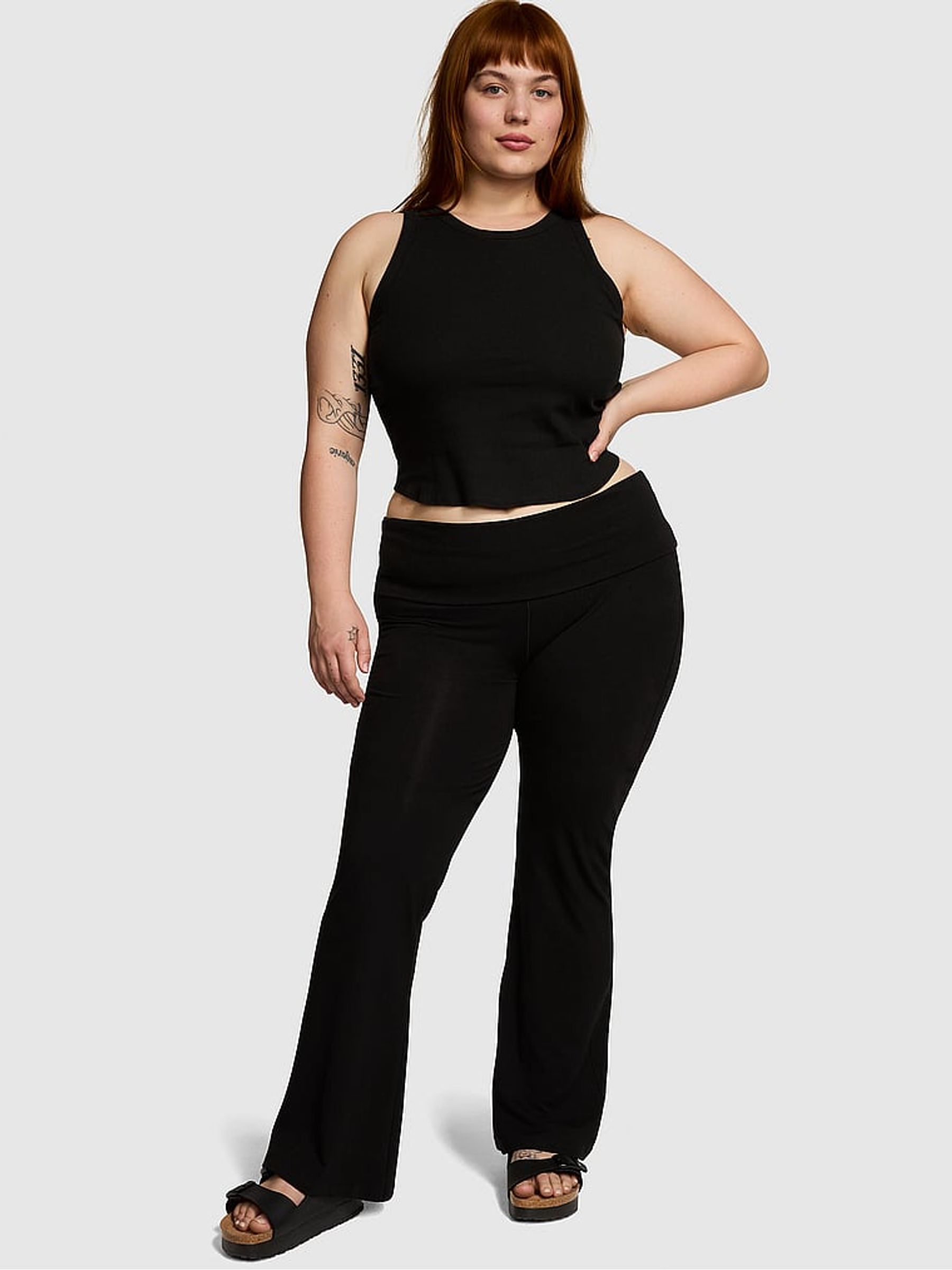 Black Diamante Cotton Foldover Flare Leggings - Image 1 of 1