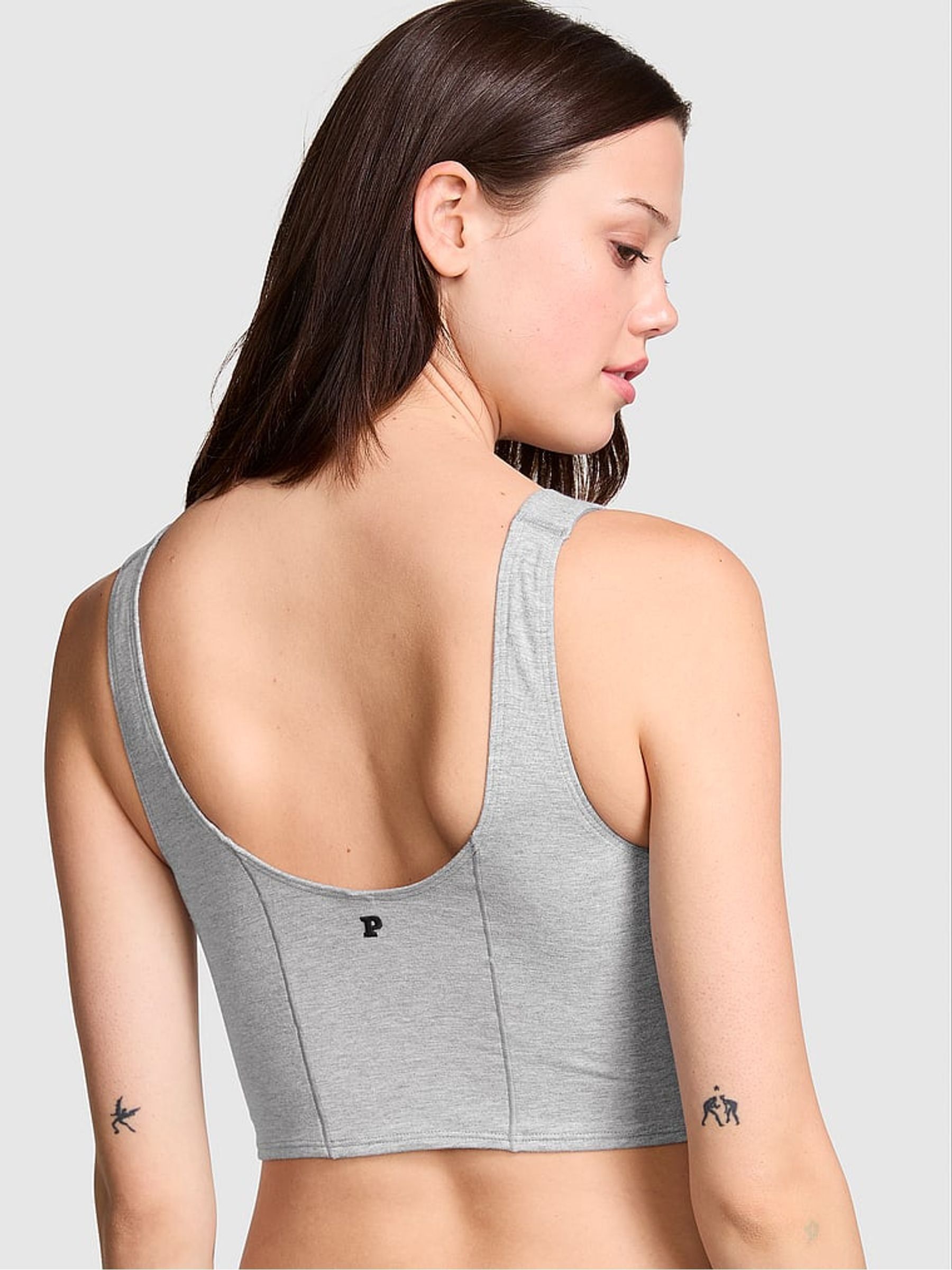 Medium Heather Grey Cotton Scoop Sports Bra Top - Image 2 of 3