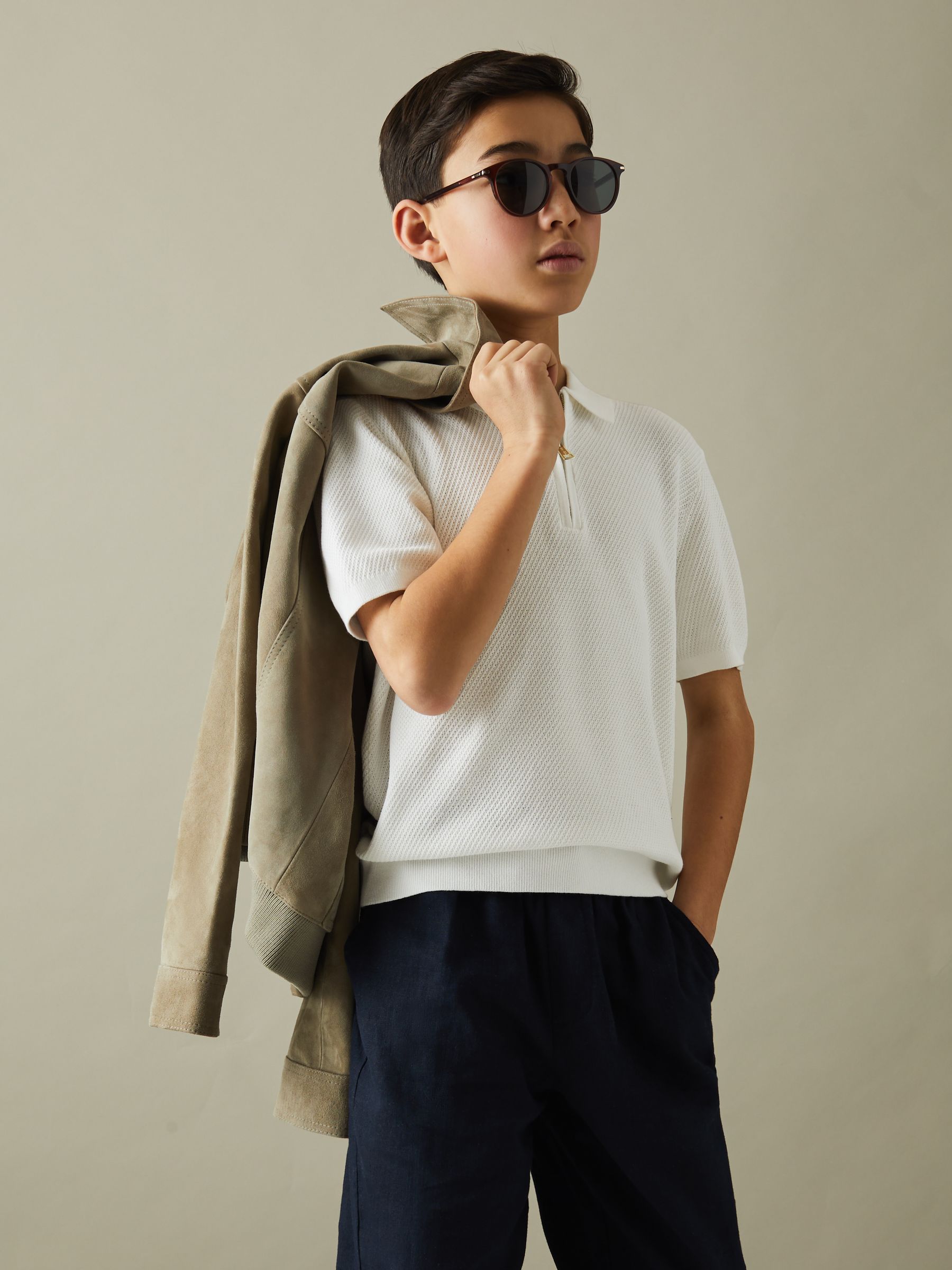 3-9 yrs Textured Quarter Zip Polo Shirt in White - Image 1 of 5
