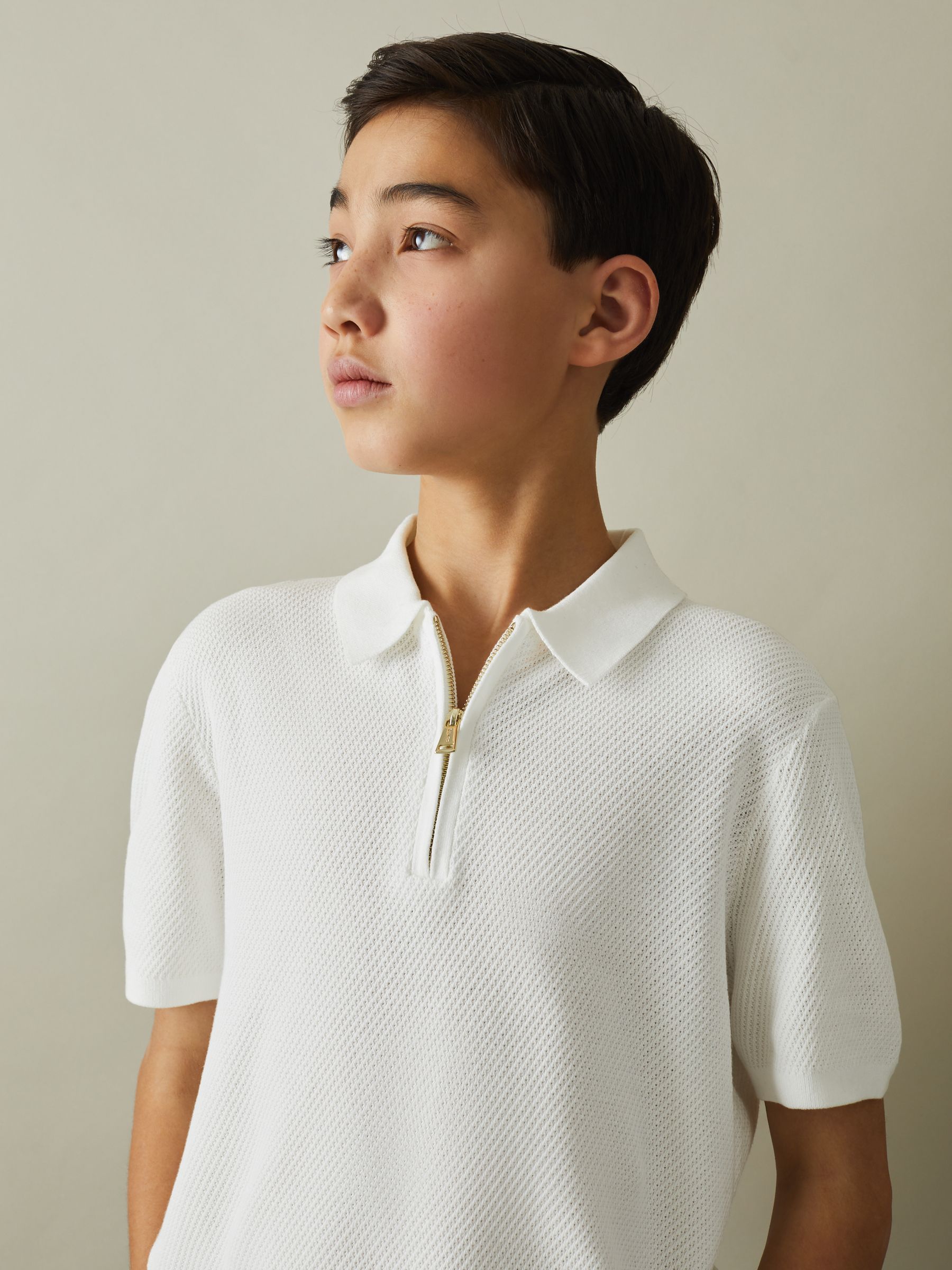 3-9 yrs Textured Quarter Zip Polo Shirt in White - Image 4 of 5