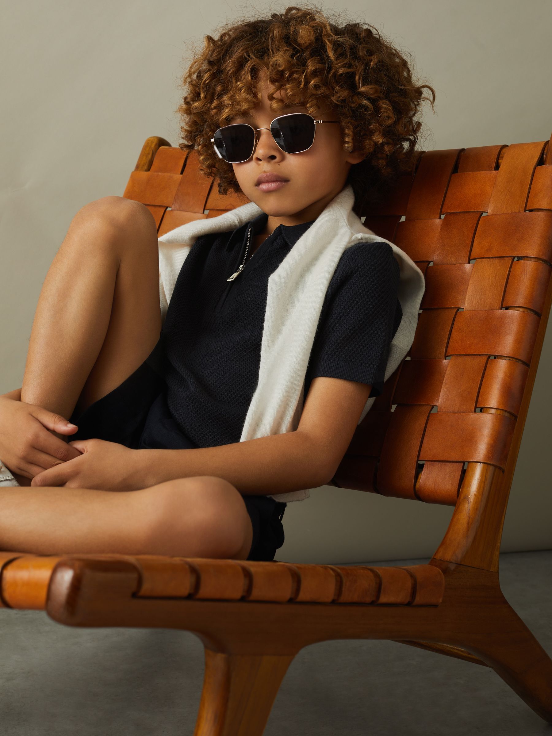 9-13 yrs Textured Quarter Zip Polo Shirt in Navy - Image 4 of 5