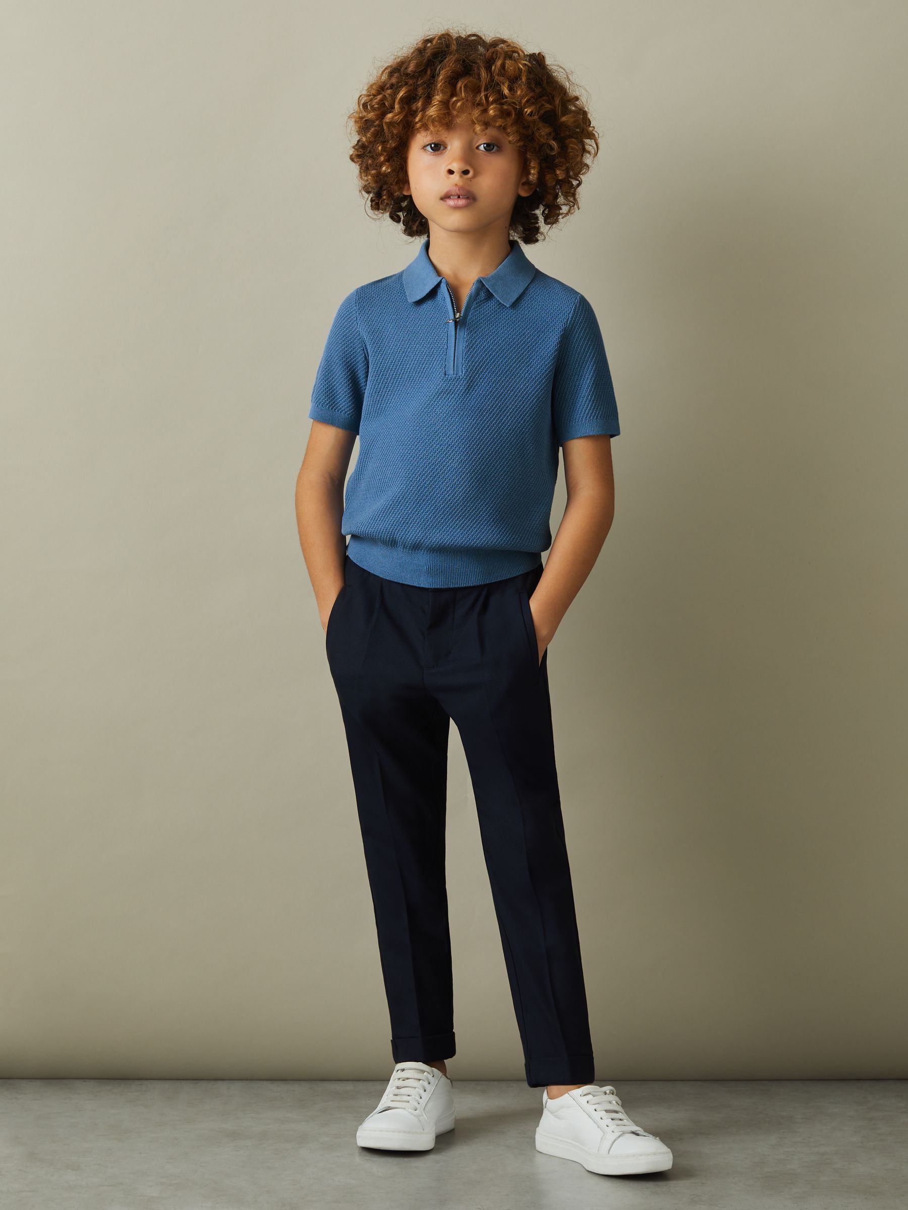 9-13 yrs Textured Quarter Zip Polo Shirt in Blue - Image 1 of 5